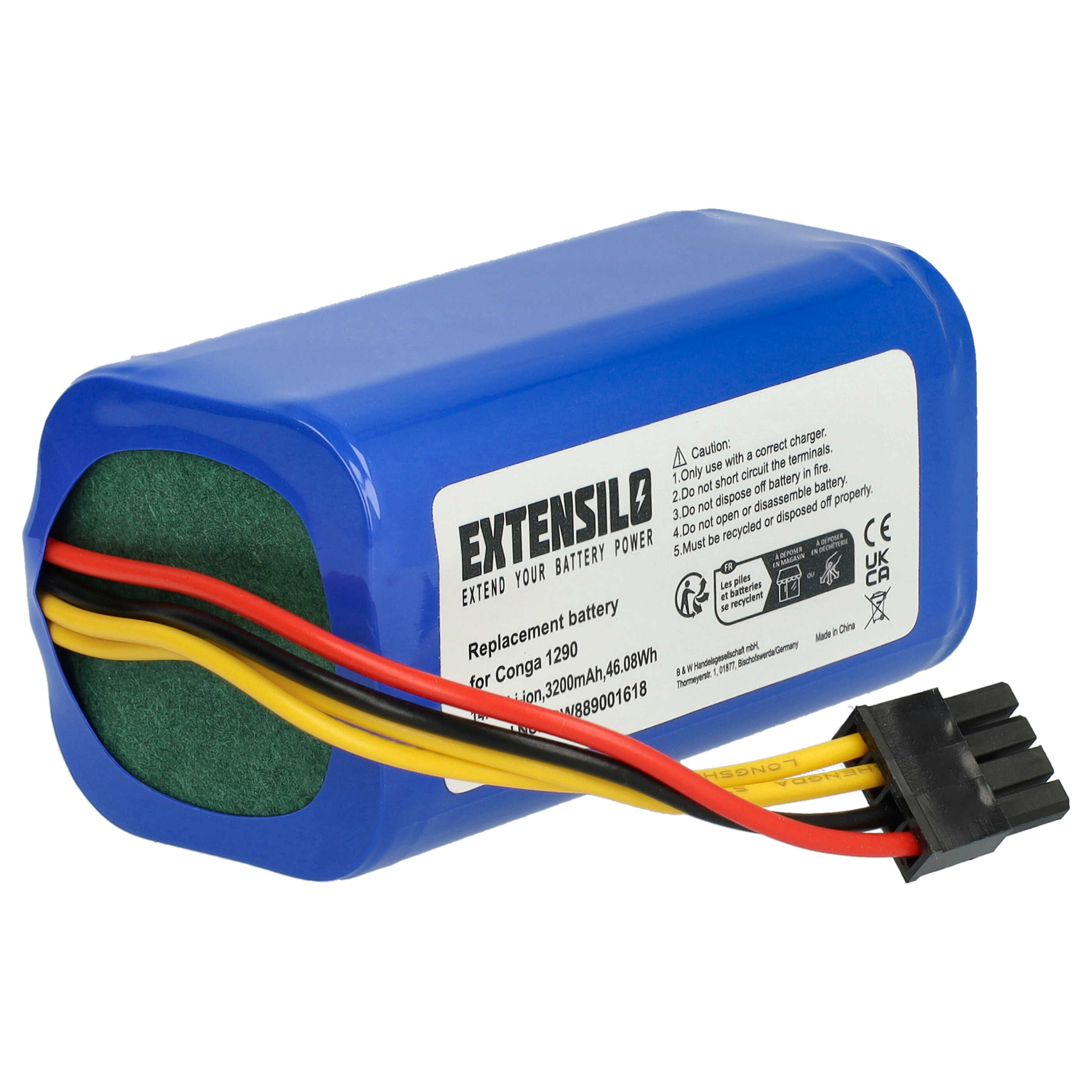 Blauer rechteckiger Akku mit farbigen Drähten und einem schwarzen Stecker. Er hat ein Etikett mit Text und Warnungen.
