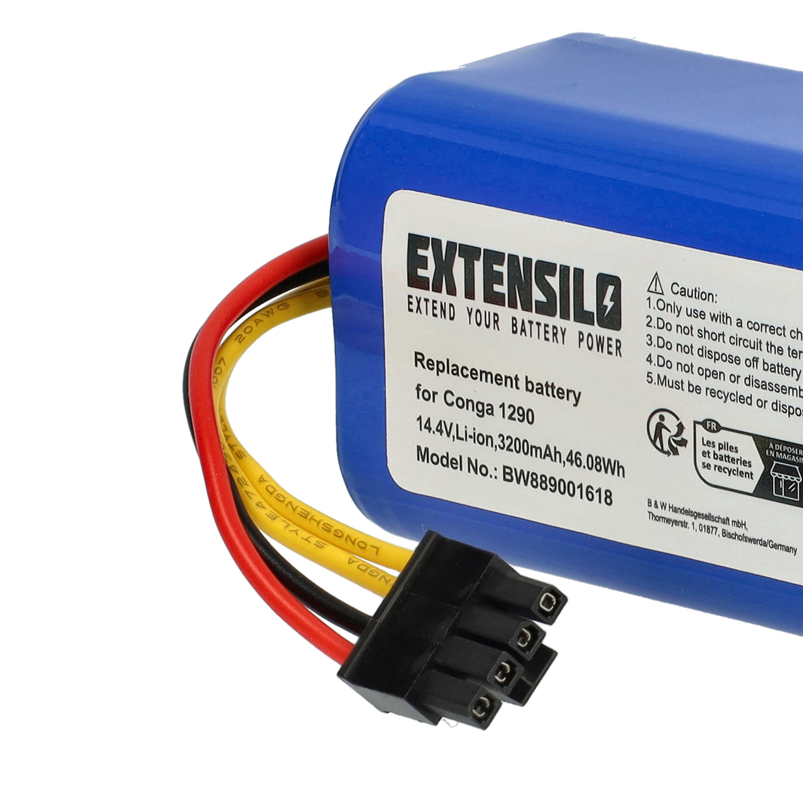 Ein blauer Akku mit Kabeln und einem Stecker. Es hat ein Etikett mit Text und Warnhinweisen.