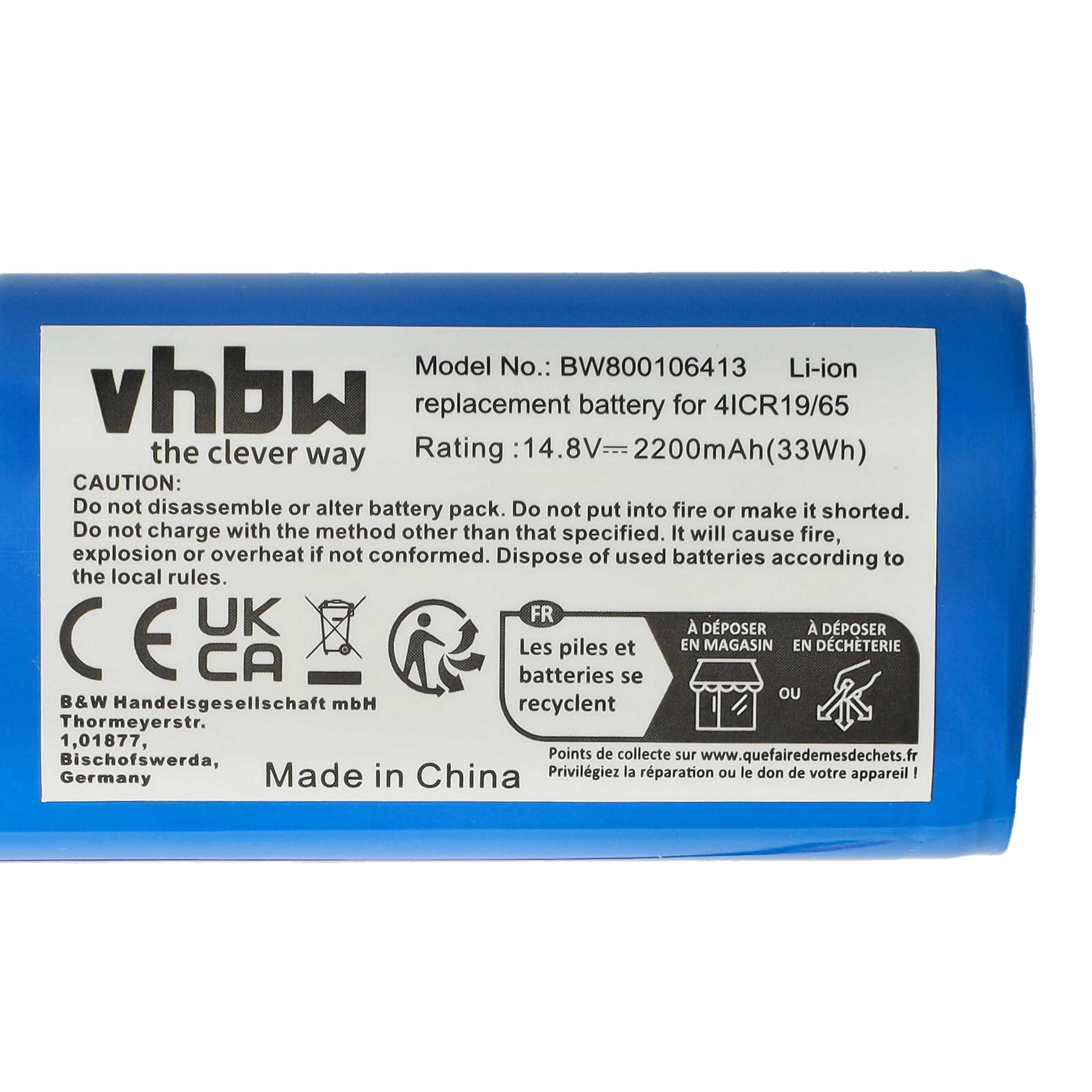 Blaues vhbw-Batterieetikett mit Text und Symbolen. Enthält Warnhinweise, Modellinformationen und Recyclinghinweise.