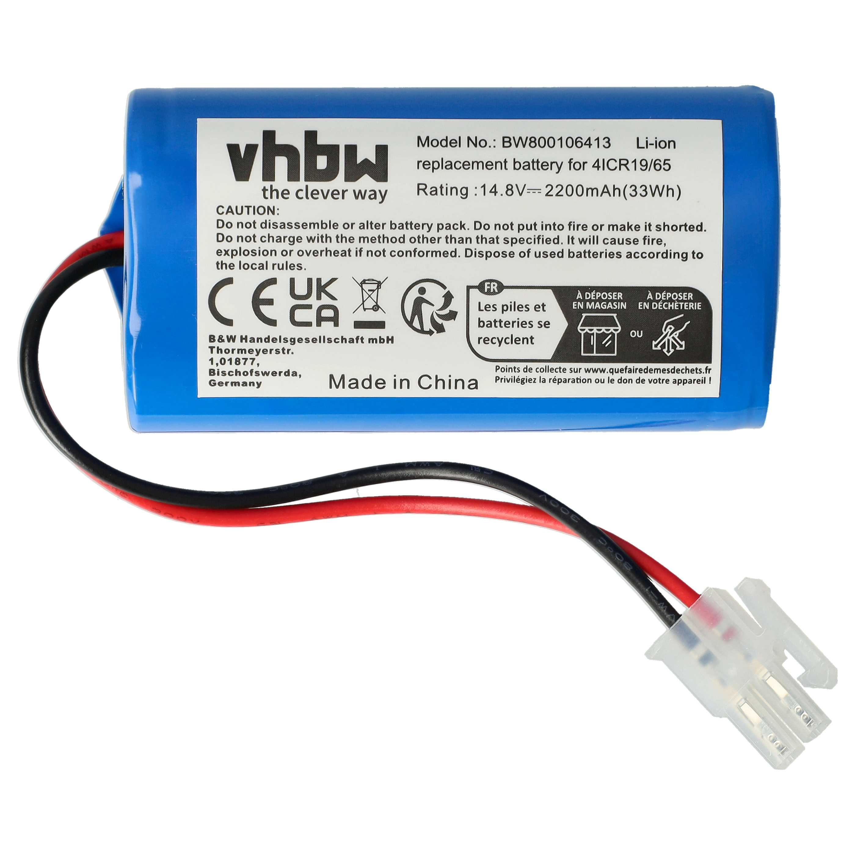 Blauer Akku mit Text. Schwarze und rote Drähte verbinden sich mit einem weißen Stecker. Text enthält Modell und Sicherheitshinweise.