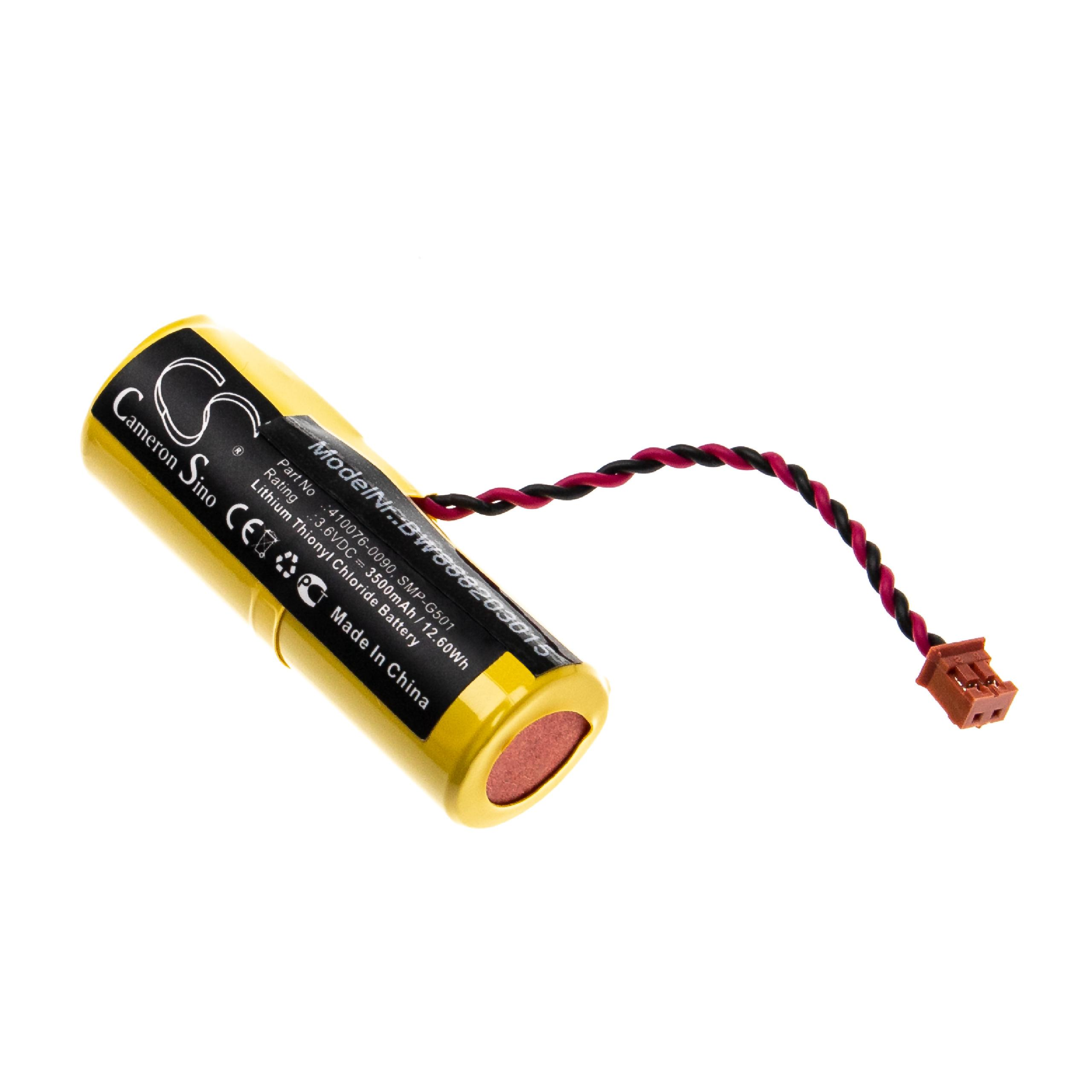 Eine gelbe Batterie mit schwarz-roten Drähten und Stecker. Es hat Text, darunter 'Cameron Sino' und Spezifikationen.