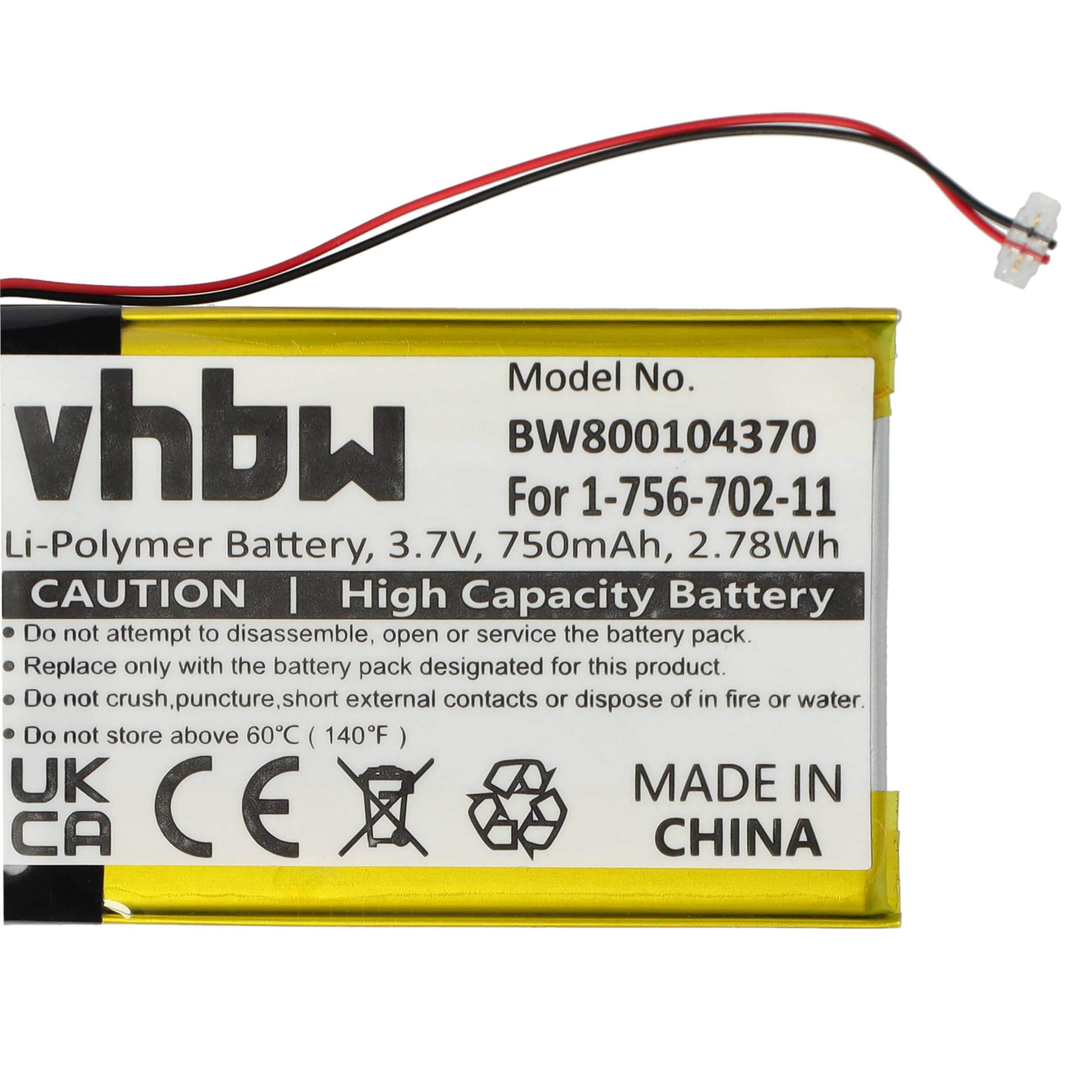 Ein Akku mit schwarzen und roten Drähten und einem weißen Stecker. Der Akku hat ein gelbes und weißes Etikett mit Text und Logos.