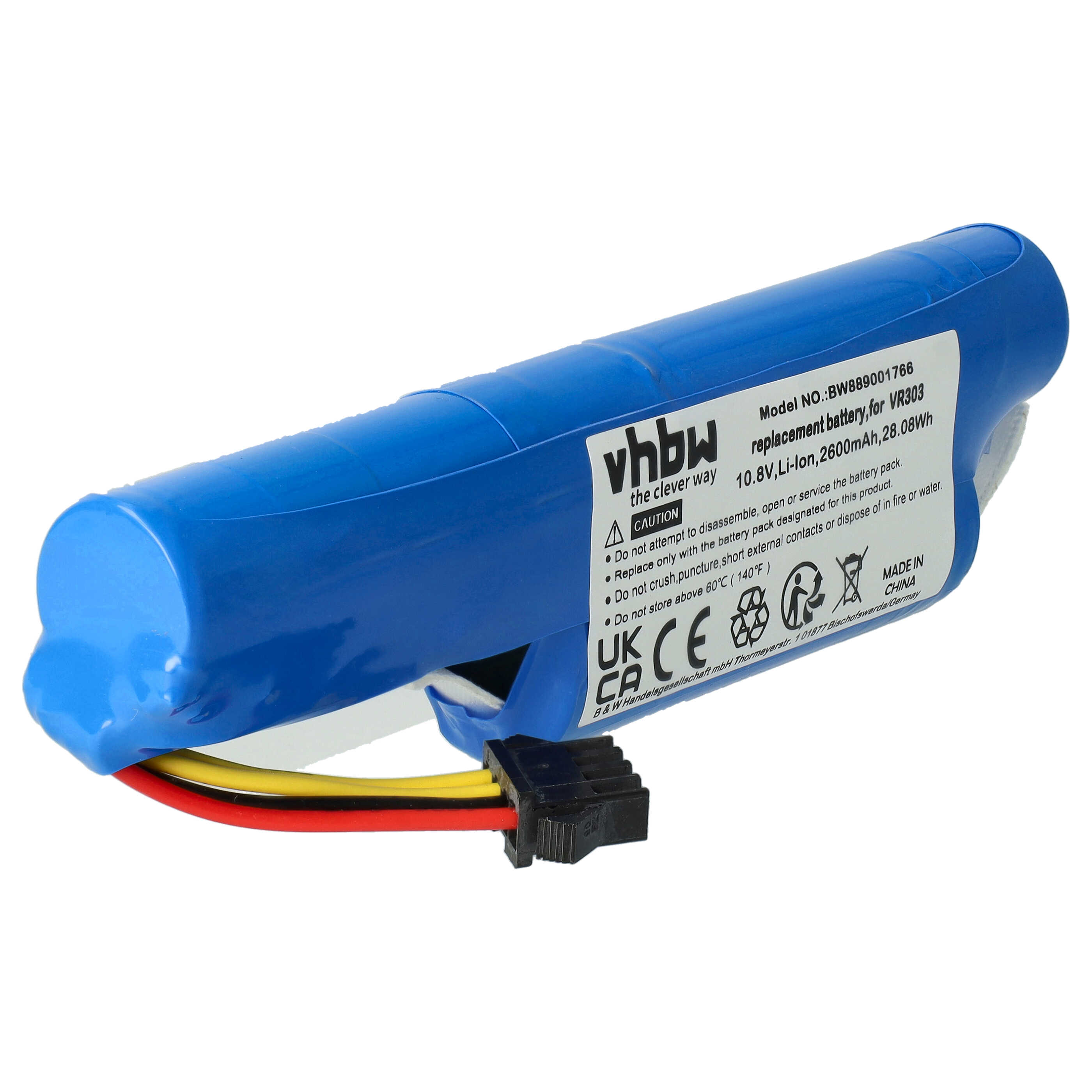 Blaue Batterie mit schwarzem Stecker. Weißes Etikett mit Text. Rote, gelbe und schwarze Drähte. Weißer Hintergrund.