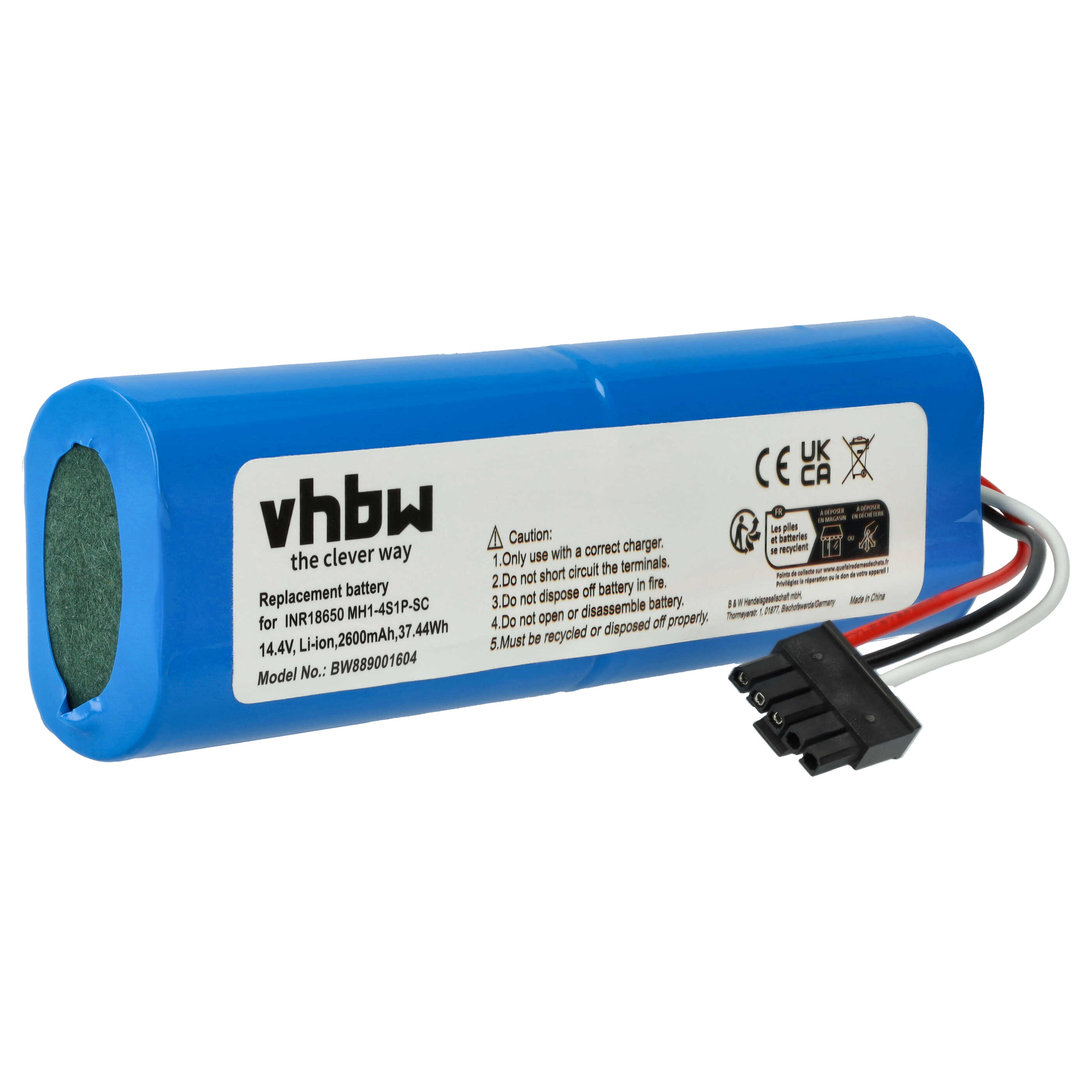 Eine blaue Batterie mit schwarzem Stecker, weißen, roten, schwarzen Drähten. Auf der Batterie steht vhbw, Ersatzbatterie, Vorsicht usw.