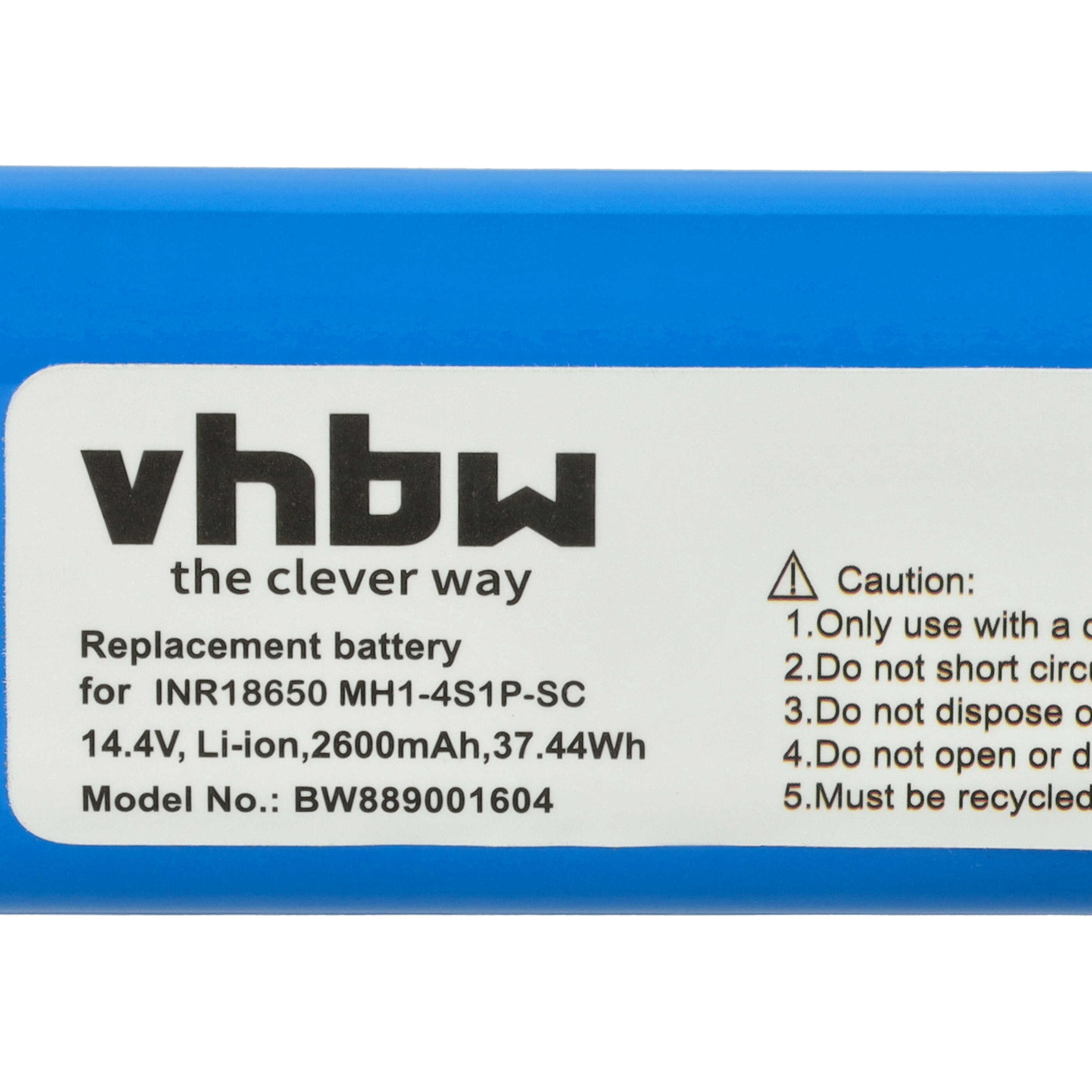 Ein Batterieetikett mit Text und Warnhinweisen, blauem und weißem Hintergrund. Text enthält 'vhbw', 'Ersatzbatterie' und Spezifikationen.
