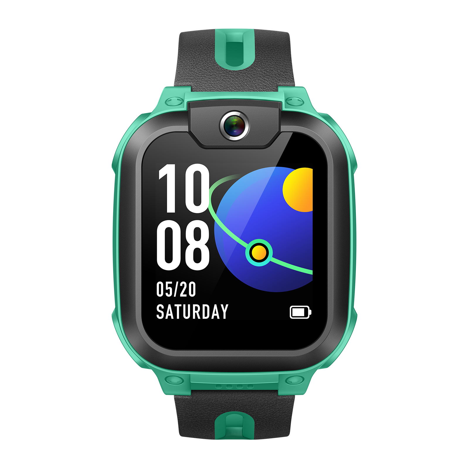 Eine türkisfarbene Smartwatch zeigt Uhrzeit, Datum und einen stilisierten Planeten an. Sie hat ein schwarzes Armband, ein türkises Gehäuse und eine Kamera.