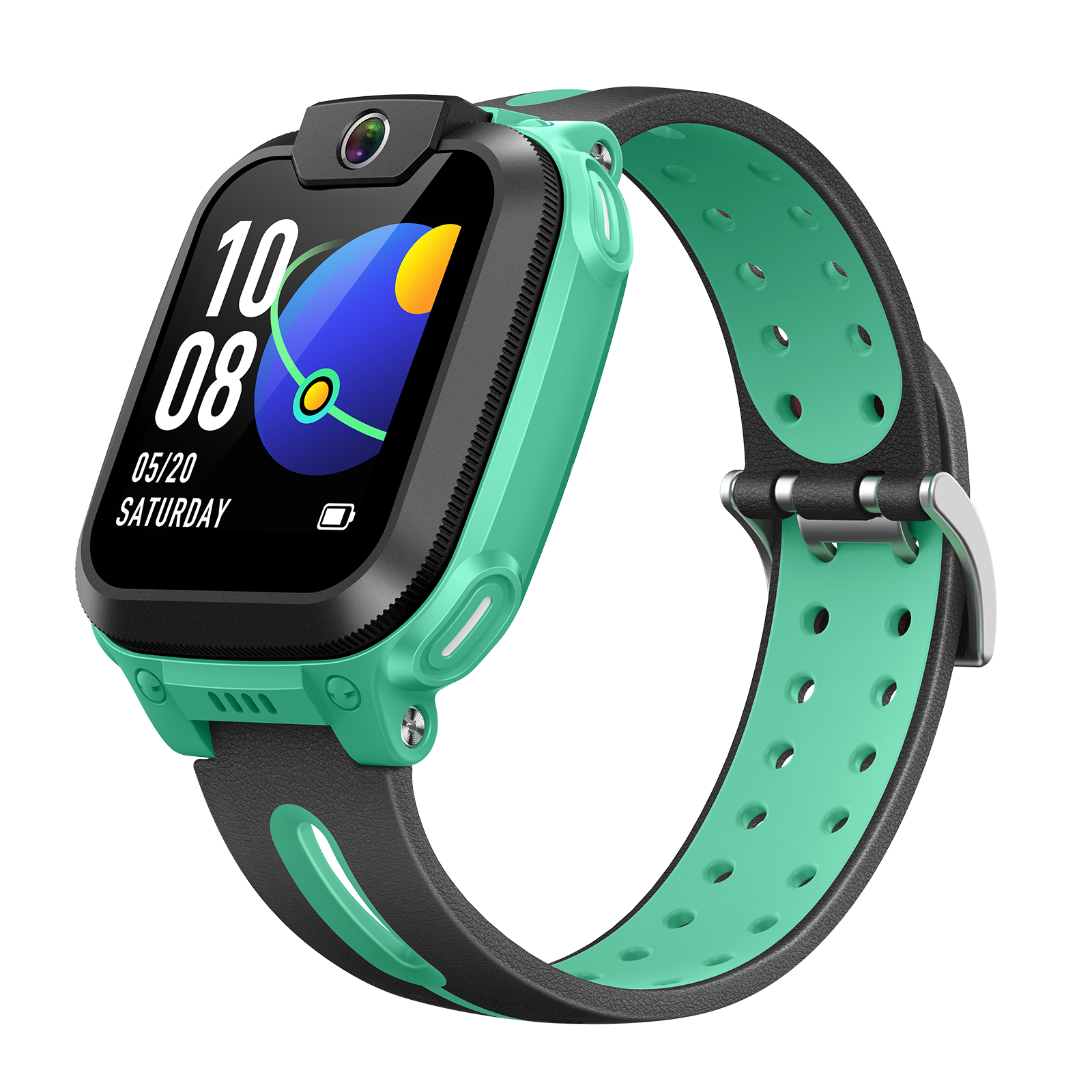 Eine türkisfarbene Smartwatch mit schwarzem Armband zeigt Uhrzeit und Datum an. Sie hat eine Kamera und eine schwarze Lünette.