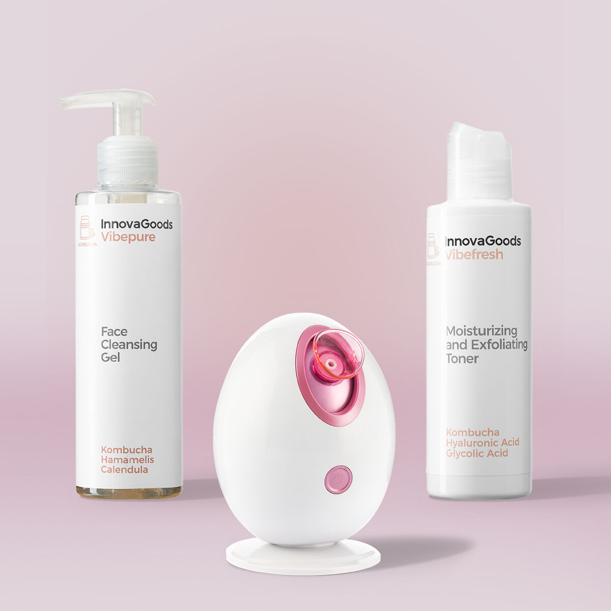 Drei InnovaGoods-Schönheitsprodukte: Gesichtsreinigungsgel, feuchtigkeitsspendender Toner und ein Gesichtsdampfer, vor rosa Hintergrund.