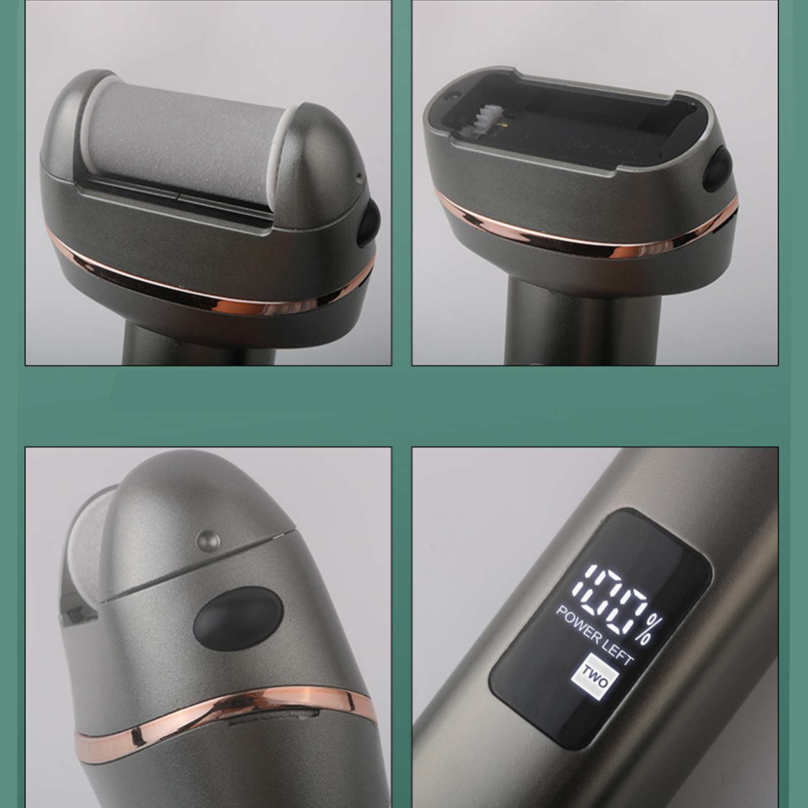 Ein graues Fußpflegegerät mit Rolle, Display mit 100 % Leistung und metallisch-rosa Akzent.