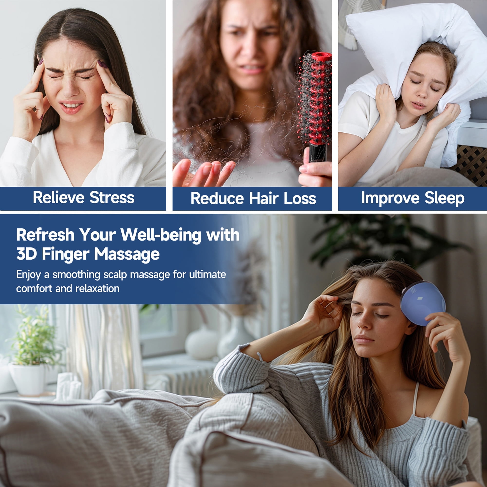 Das Bild zeigt Frauen, die Stress, Haarausfall und Schlafprobleme haben. Text wirbt für 3D-Finger-Massage.