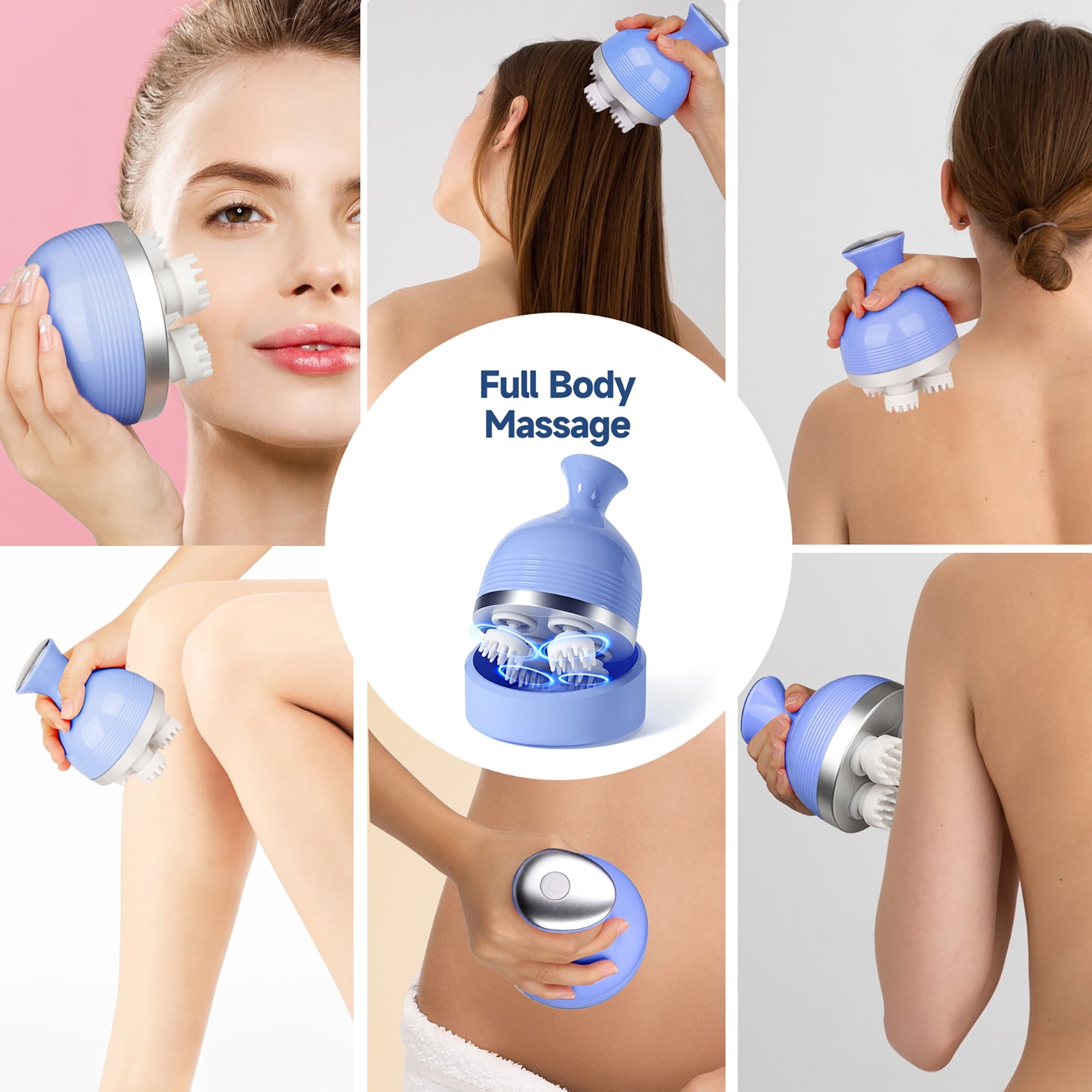 Verschiedene Körperteile werden mit einem blau-silbernen Massagegerät massiert. Das Gerät wird auf Gesicht, Rücken, Beinen und Armen verwendet.