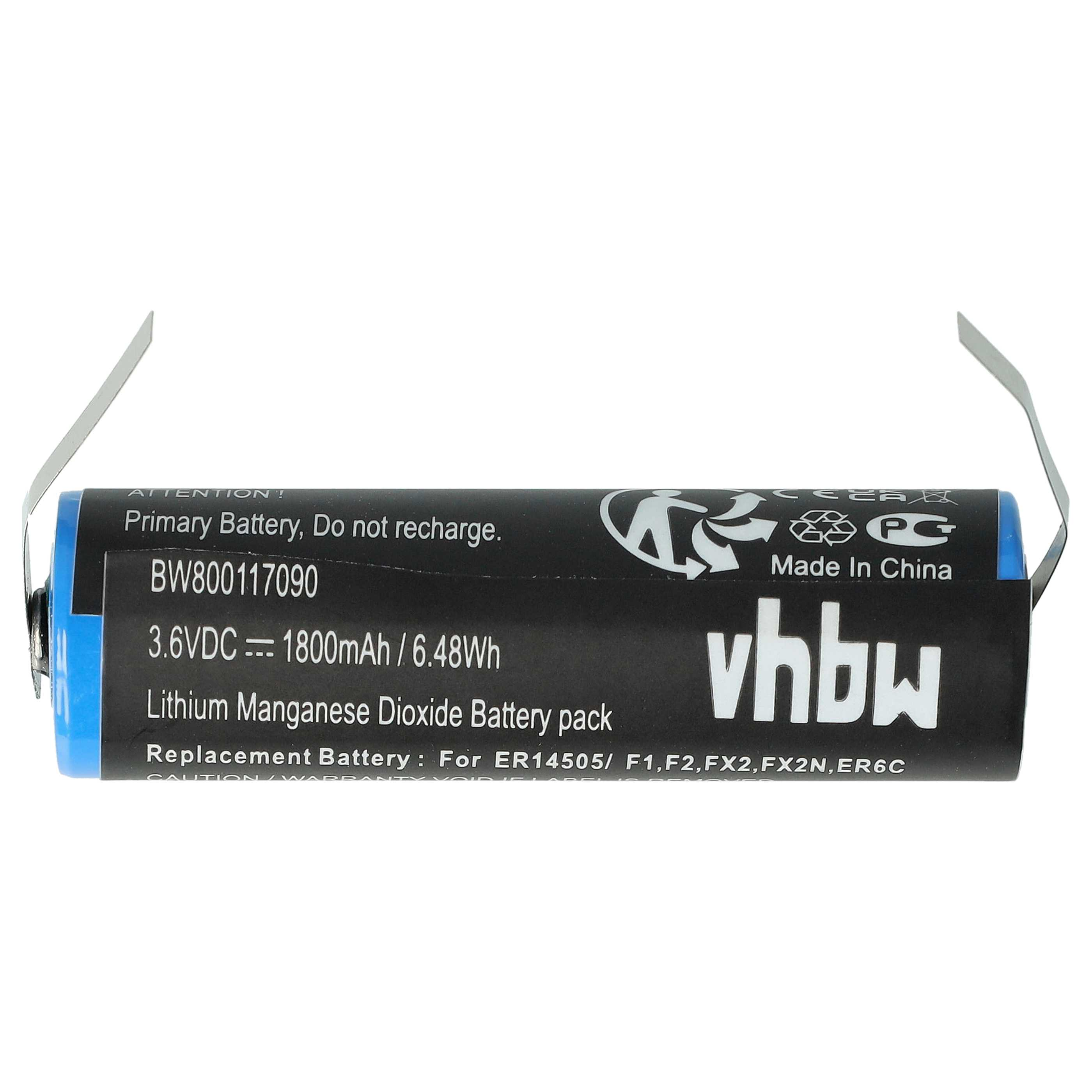Eine schwarze und blaue Batterie mit Text: 'Primärbatterie, nicht wiederaufladbar'.