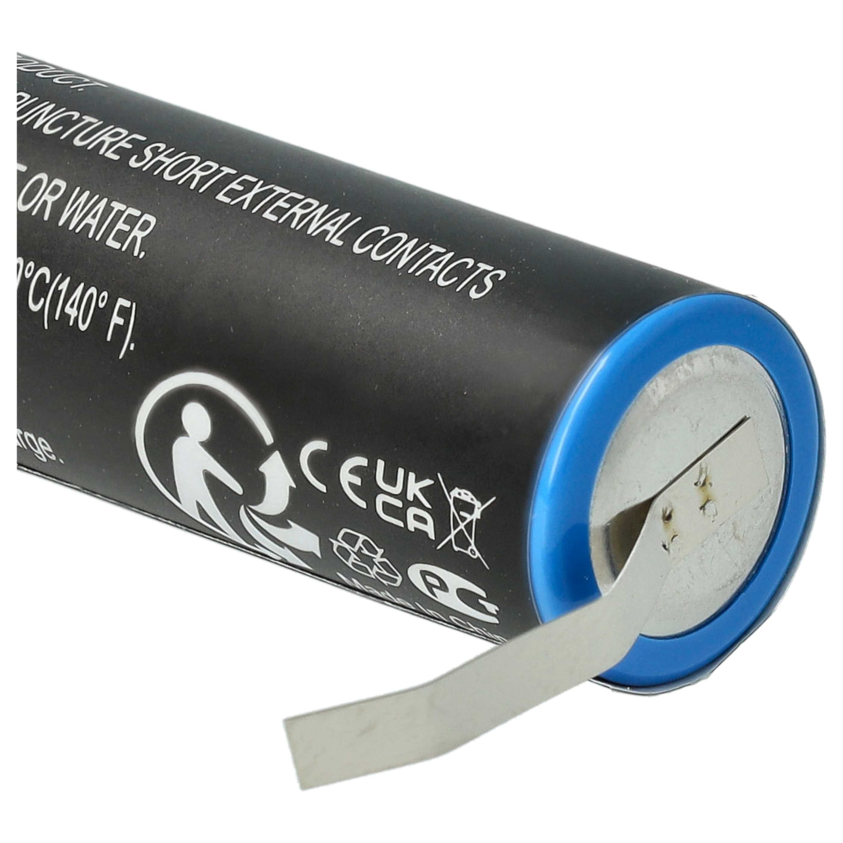 Eine zylindrische Batterie mit schwarzem Körper und blauem Ring. Sie hat Warnhinweise und einen silbernen Kontaktstreifen.