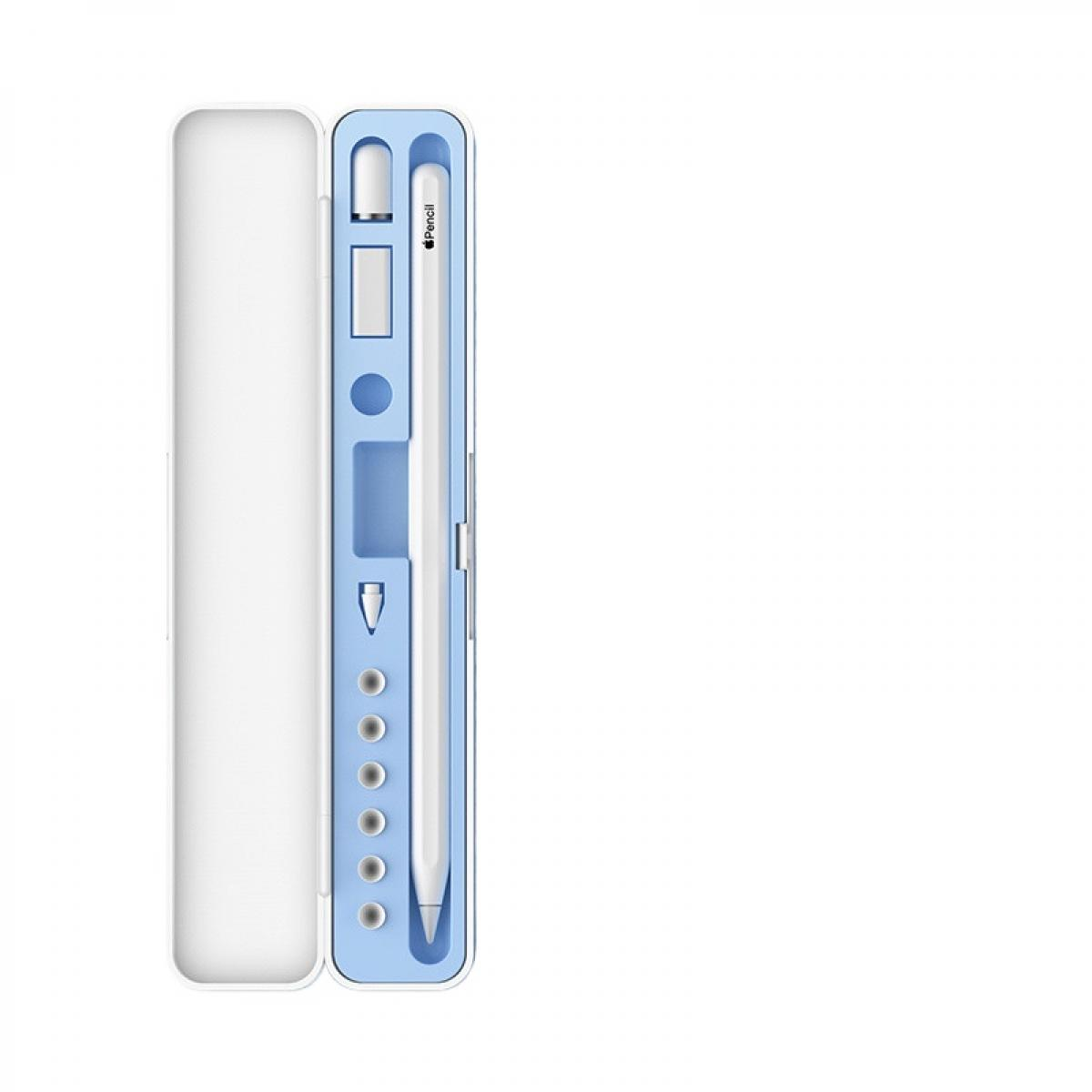 Weißer Stift in einem blauen Etui. Das Etui ist geöffnet und zeigt den Stift und Aufbewahrungsschlitze. Weißer Hintergrund.