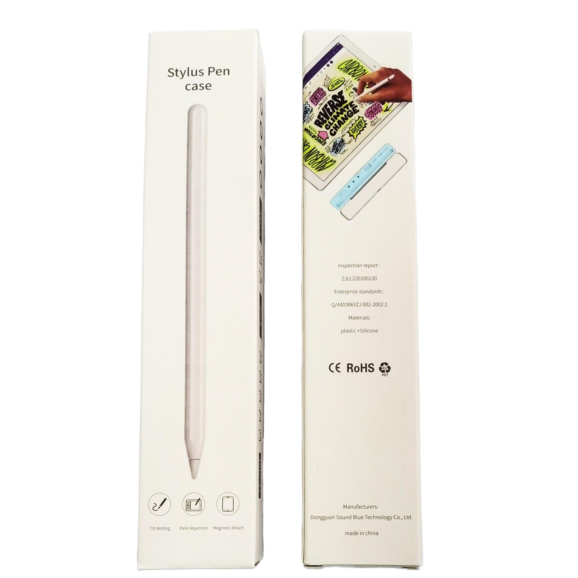Eine weiße Stifthalterung mit einem Stift darin. Die Halterung hat Text und eine Zeichnung einer Hand, die den Stift auf einem Tablet benutzt.