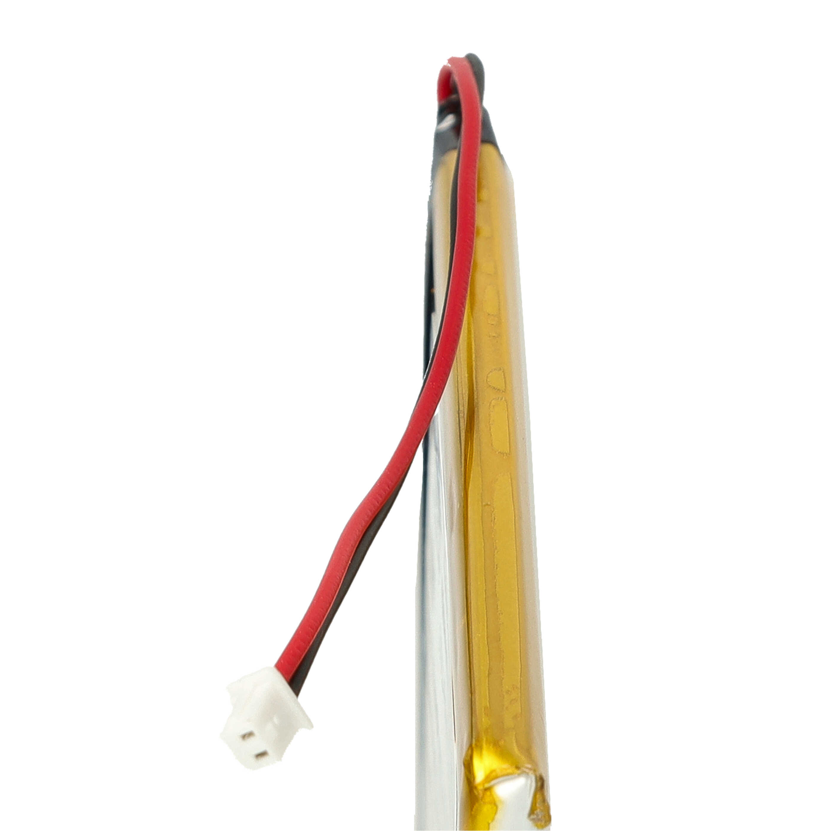 Eine Lithium-Ionen-Batteriezelle mit roten und schwarzen Drähten, weißem Stecker und goldfarbener Umhüllung auf weißem Hintergrund.
