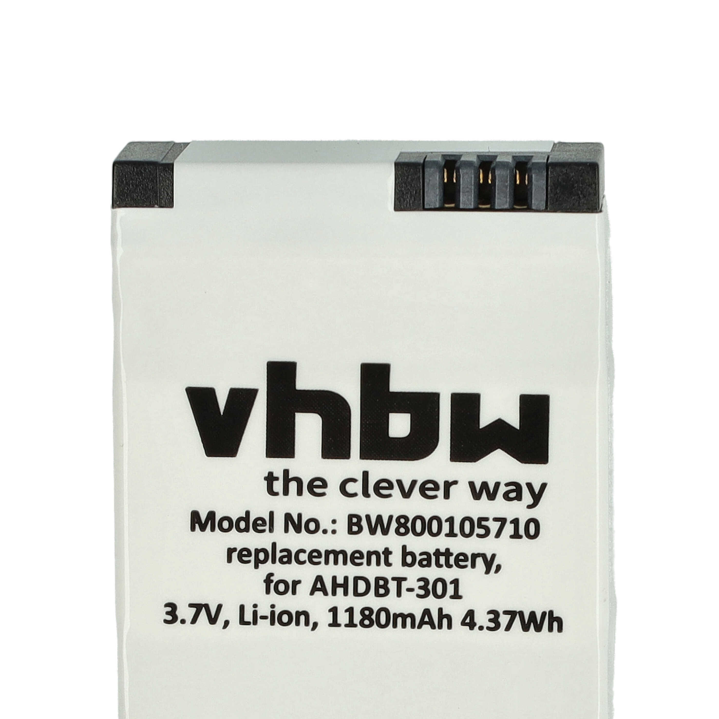 Weißer Akku mit schwarzem Text. Der Text lautet vhbw, Modellnummer und Spezifikationen, einschließlich 3,7 V, Li-Ion, 1180 mAh.