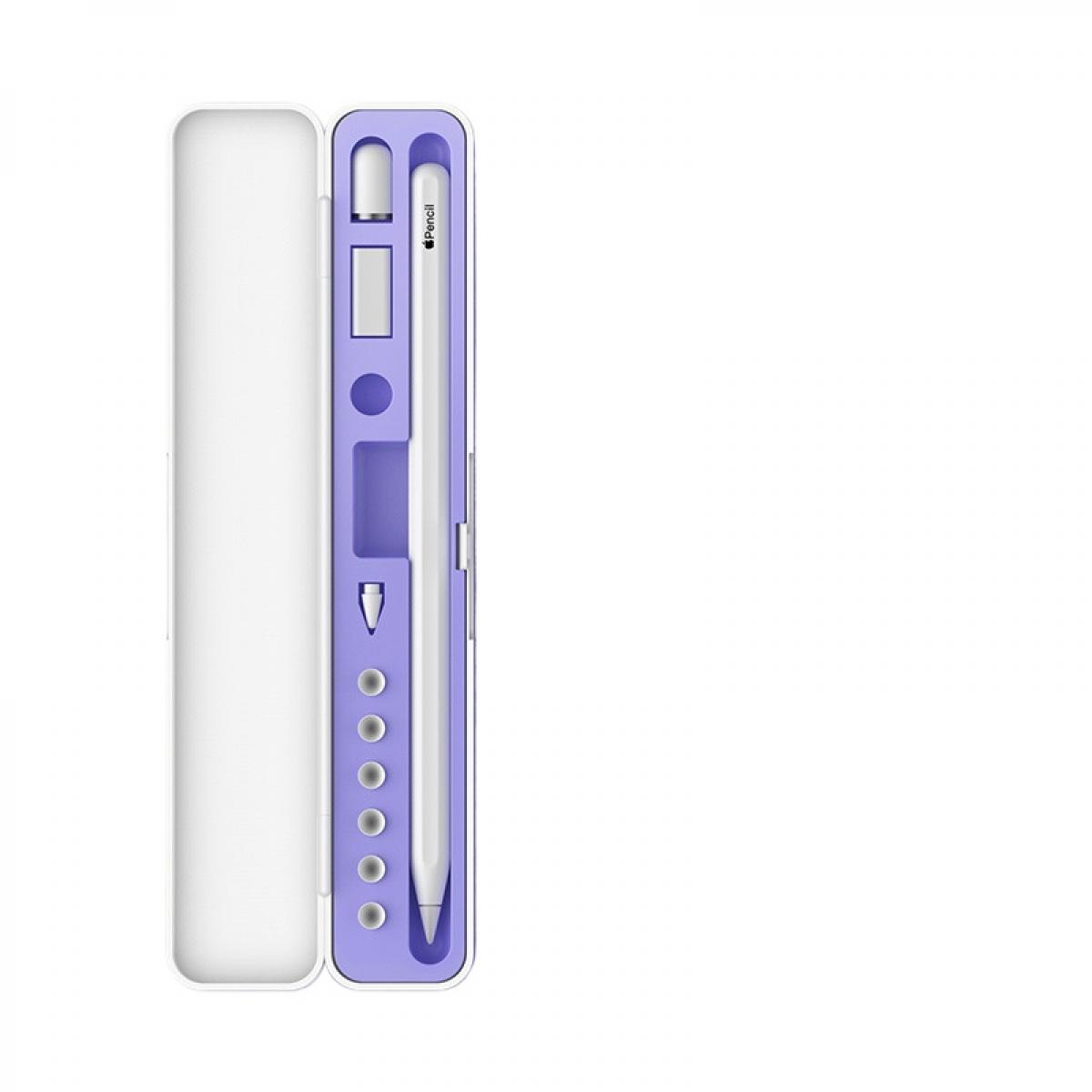 Ein weißer Stift befindet sich in einem lilafarbenen Etui, das sich in einem weißen Etui befindet. Der Stift ist gerade, und das Etui ist offen.