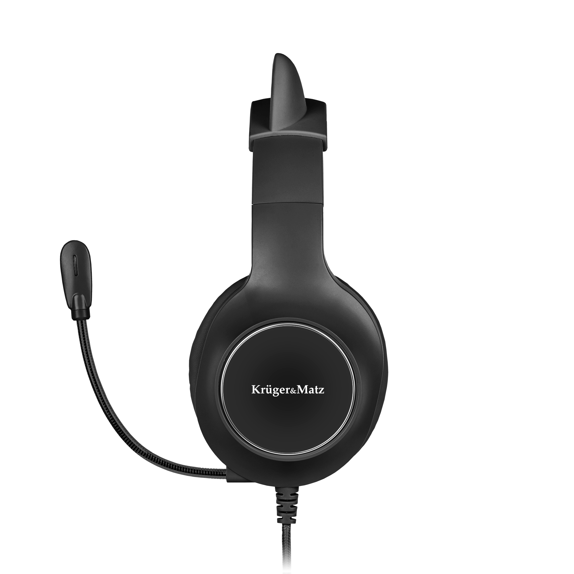Czarne słuchawki z mikrofonem. Nazwa marki 'Krüger&Matz' jest widoczna na nauszniku.