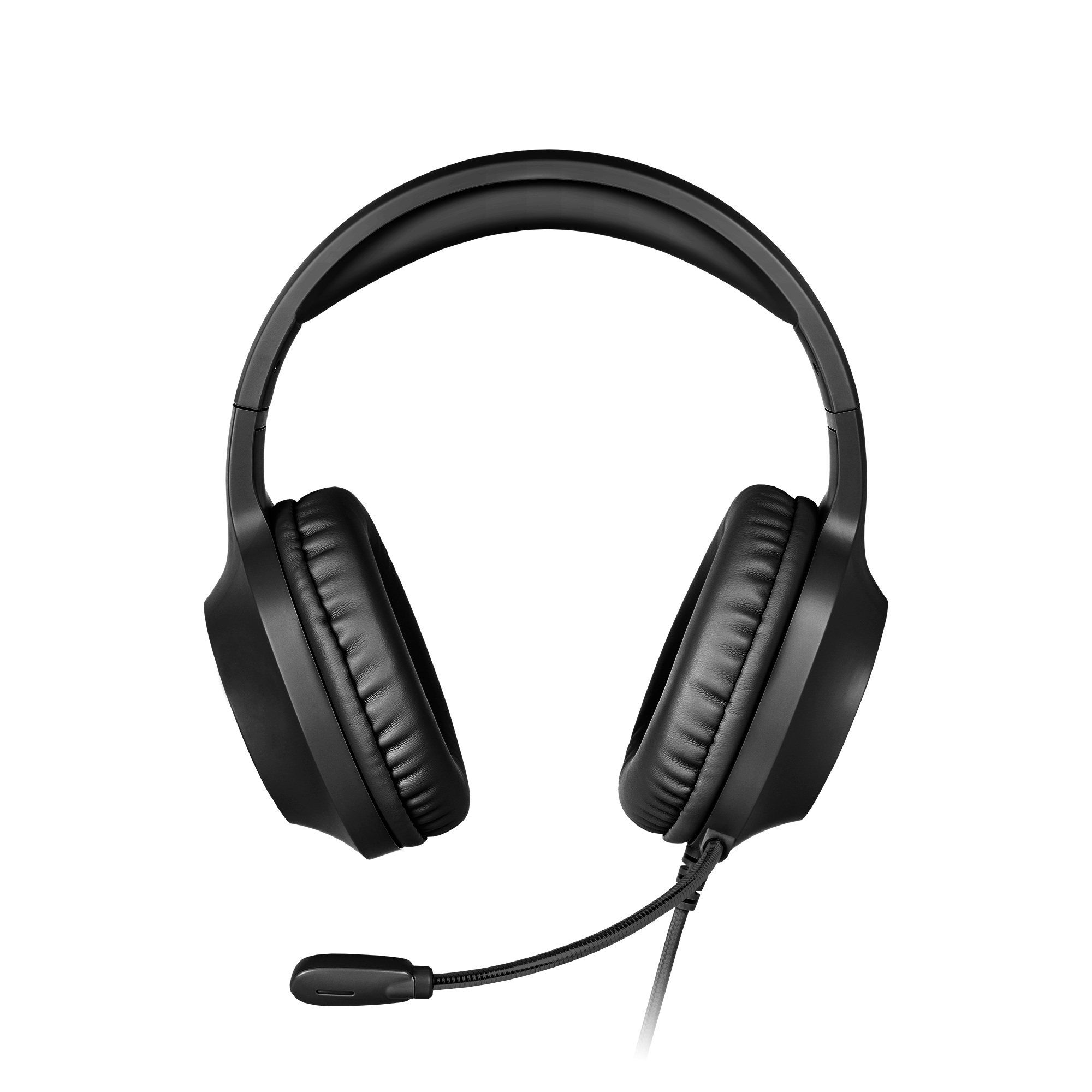 Czarne słuchawki z mikrofonem. Słuchawki są wyśrodkowane na tle w paski. Nauszniki są duże i wyściełane.