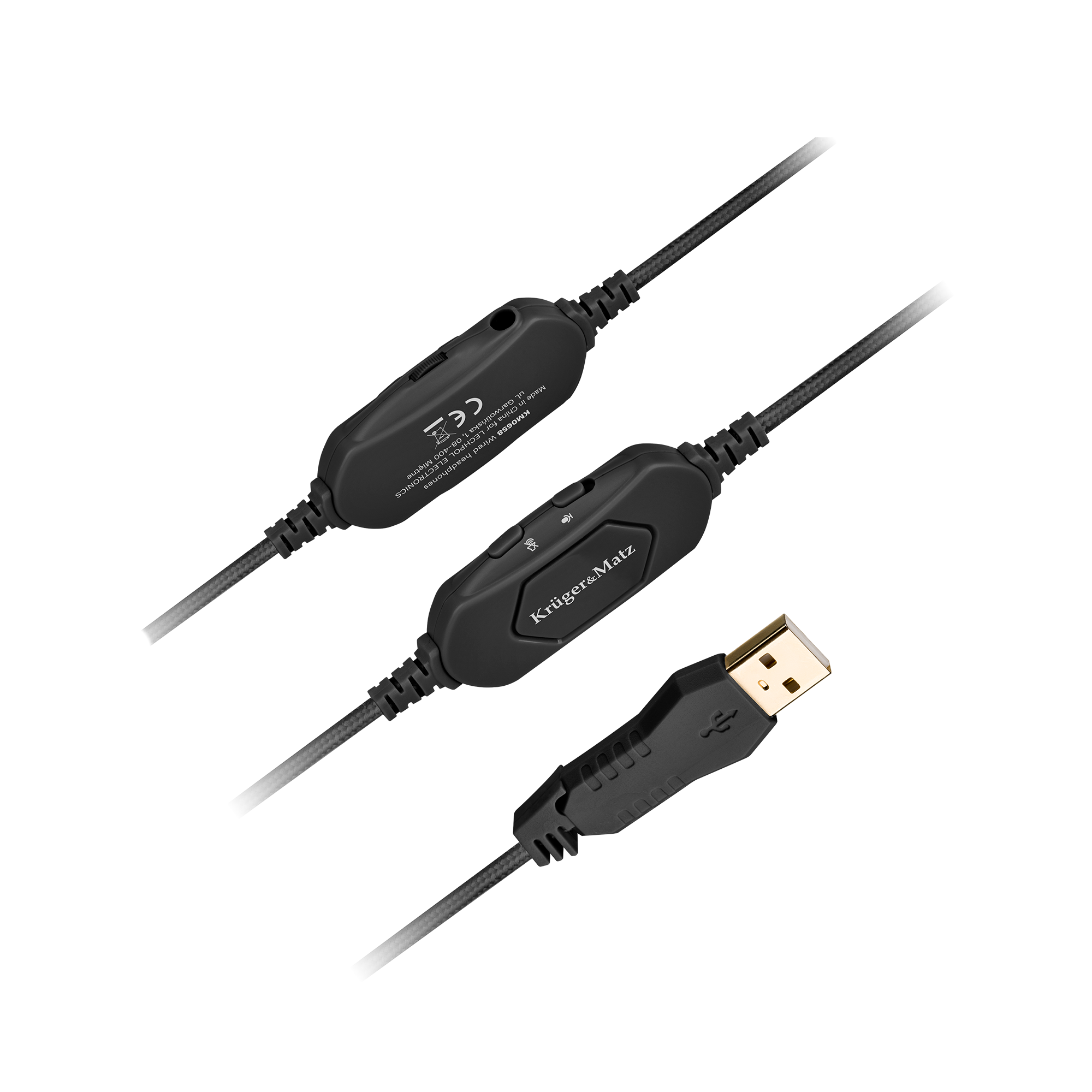 Czarne regulatory słuchawek Krüger&Matz ze złączem USB na szarym tle. Kable widoczne.