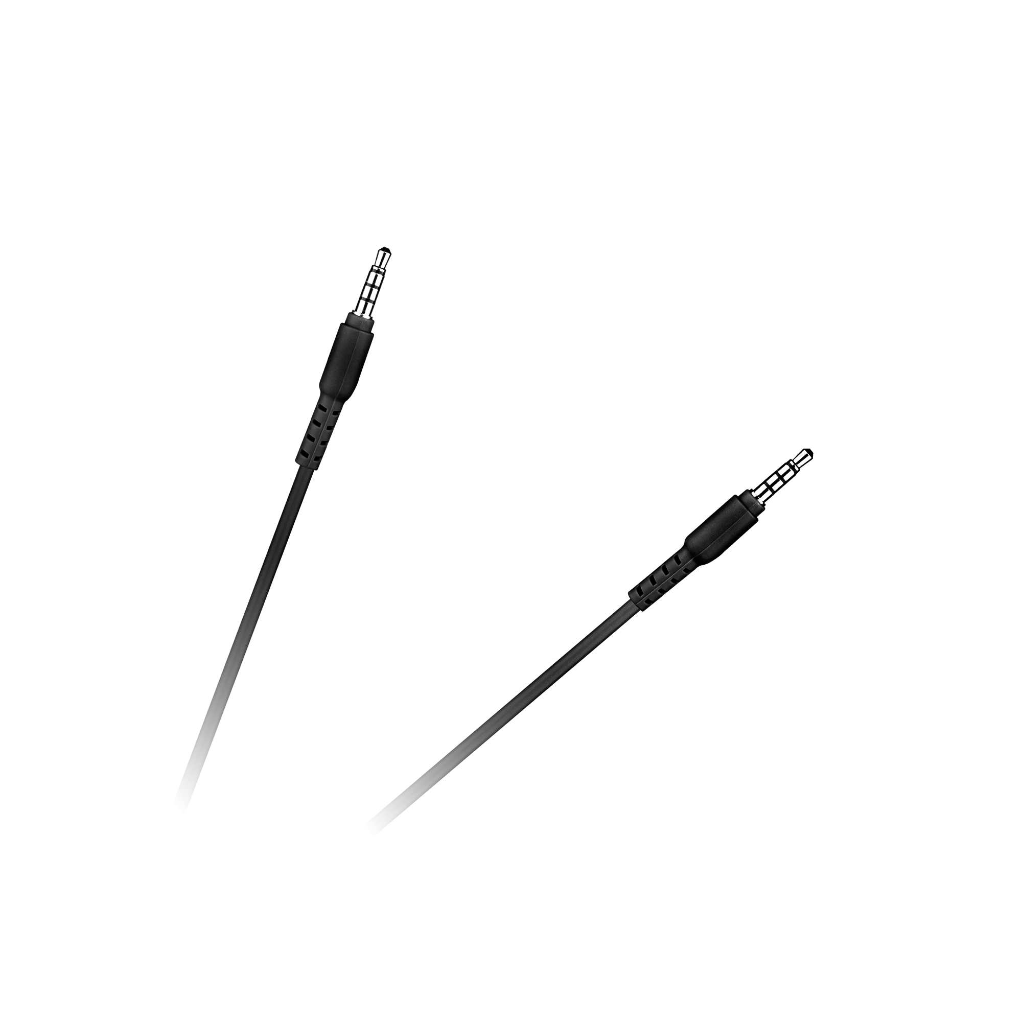 Dwa czarne kable audio ze srebrnymi złączami na czarnym tle. Jeden kabel jest pod kątem, drugi prosty.