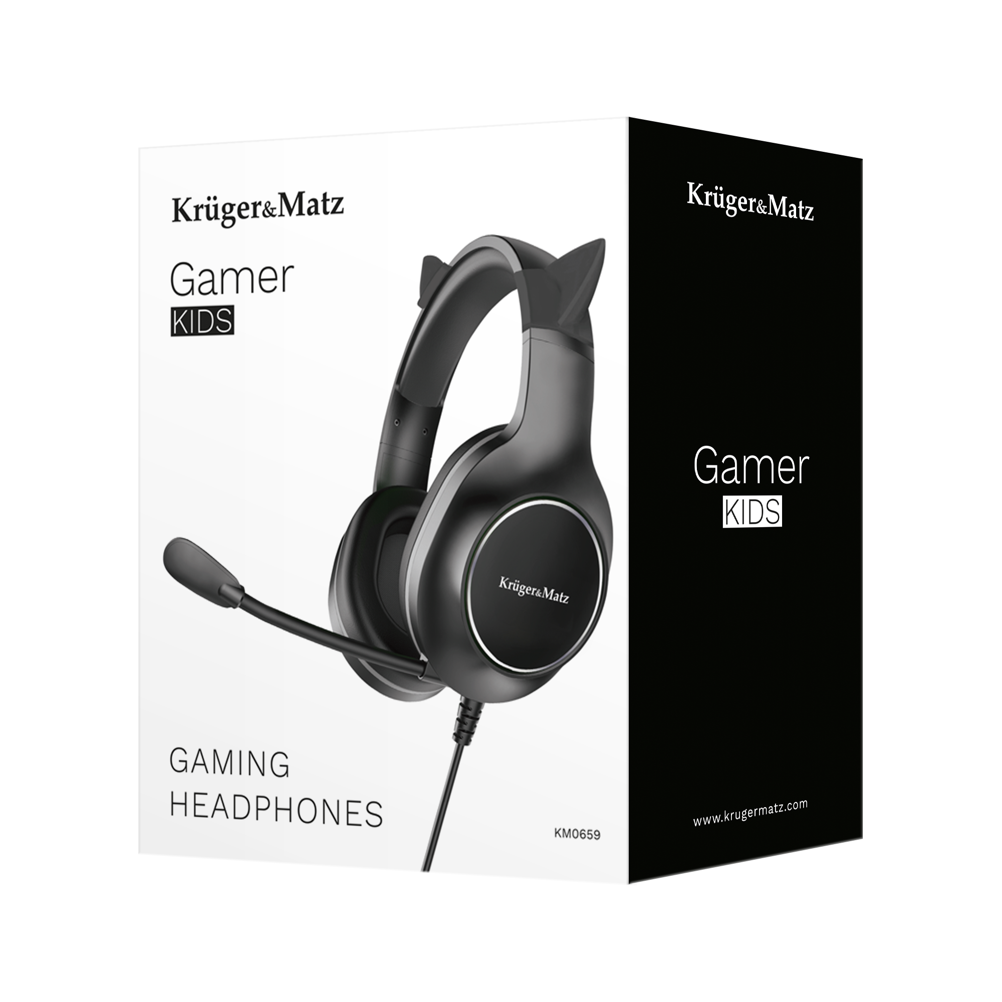 Czarne słuchawki dla graczy z mikrofonem, logo marki i napisem 'Gamer KIDS'. Czarno-biały design.