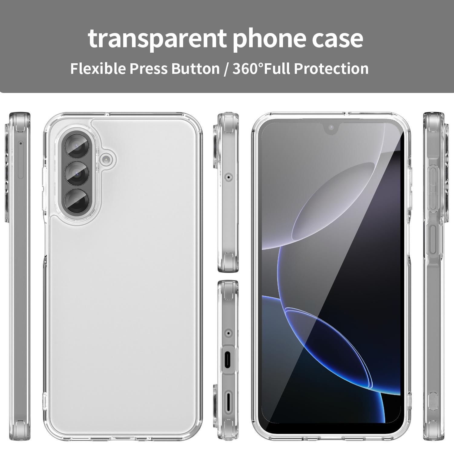Eine transparente Handyhülle wird aus verschiedenen Blickwinkeln gezeigt. Die Hülle hat flexible Tasten und vollen Schutz. Der Hintergrund ist weiß.