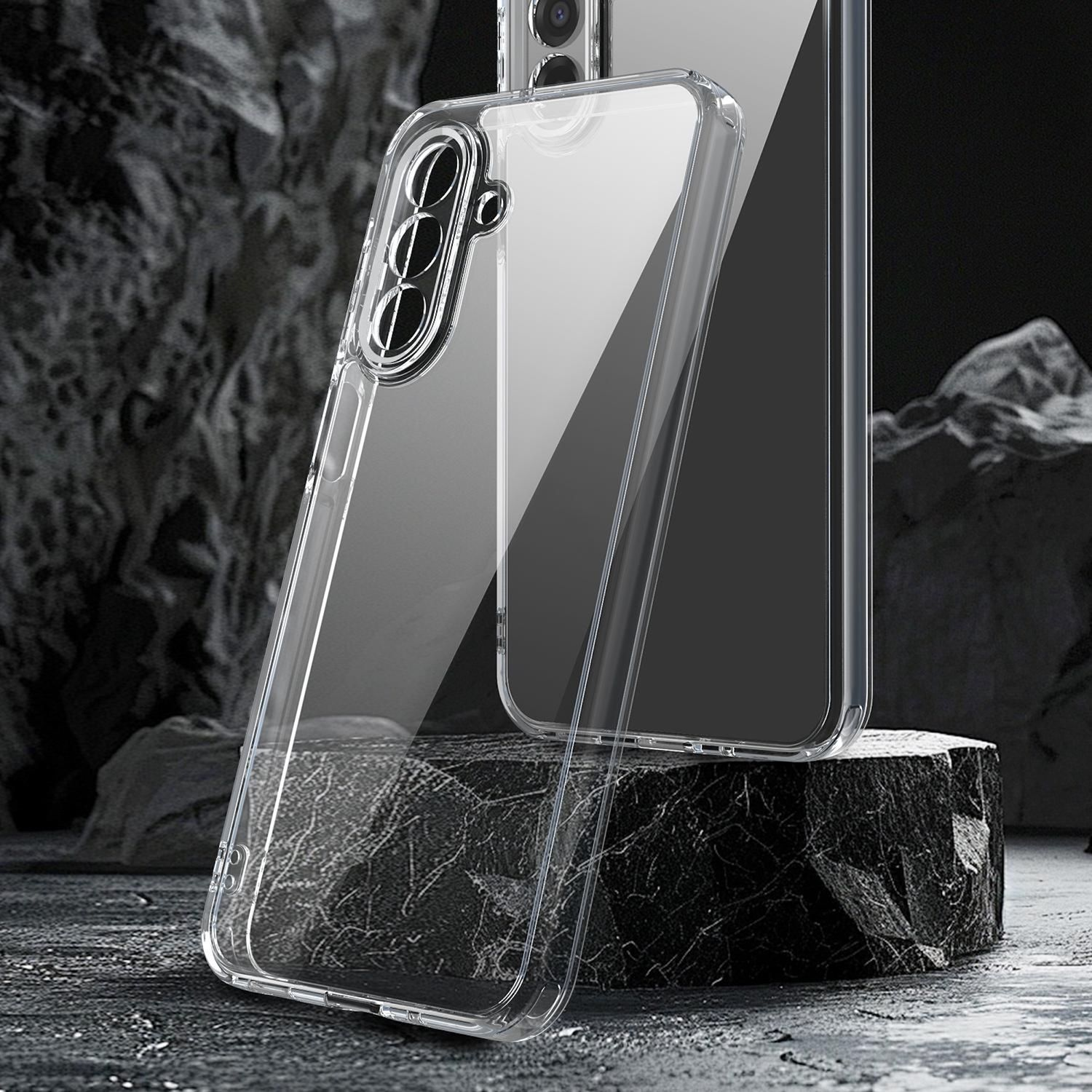 Transparente Handyhülle, die Kamera und Design des Telefons zeigt, auf dunkler, strukturierter Oberfläche mit felsigem Hintergrund.
