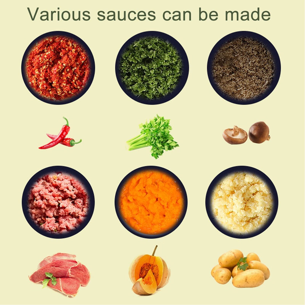 Das Bild zeigt verschiedene Zutaten für Saucen: gehackte Paprika, Kräuter, Pilze, Fleisch, Kürbis und Kartoffeln. Alles auf hellem gelben Hintergrund.