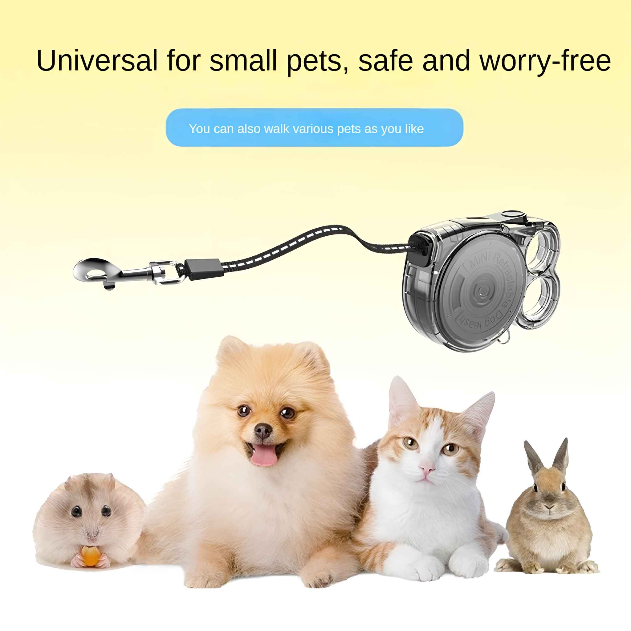 Das Bild zeigt eine einziehbare Leine und vier Haustiere: Hund, Katze, Kaninchen und Hamster. Text: 'Universell für kleine Haustiere, sicher und sorgenfrei'.