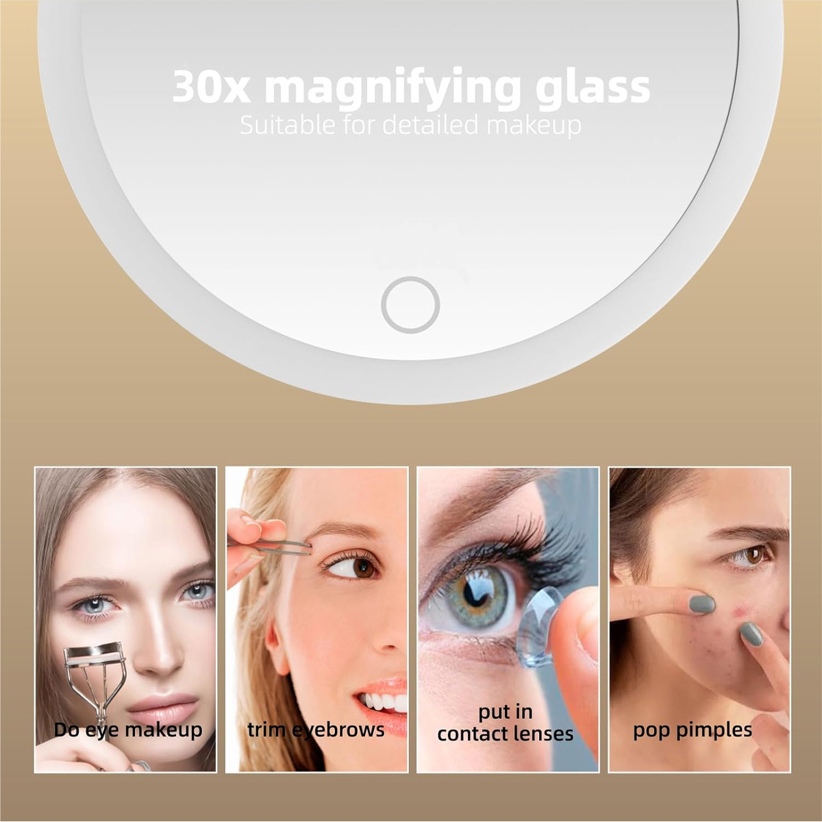 Eine Lupe mit Anweisungen für detailliertes Make-up: Augen-Make-up auftragen, Augenbrauen trimmen, Kontaktlinsen einsetzen und Pickel ausdrücken.