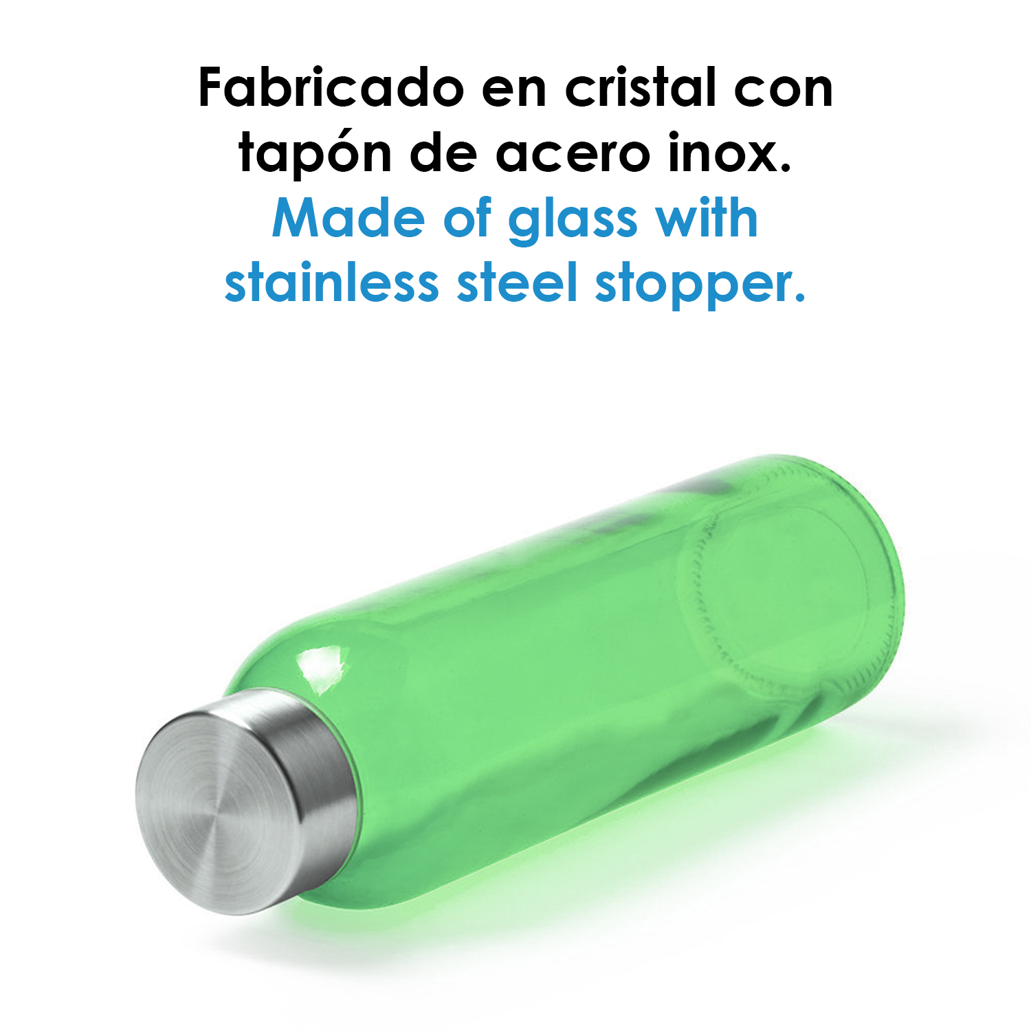 Una bottiglia di vetro verde con tappo in acciaio inox argentato su superficie bianca. Il testo dice: "Made of glass with stainless steel stopper."
