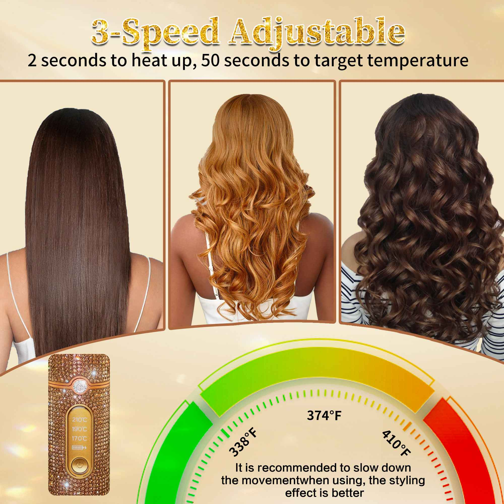Das Bild zeigt Haarproben und ein Haarstyling-Tool mit Temperatureinstellungen. Textdetails zur Aufheizzeit und zum Temperaturbereich.