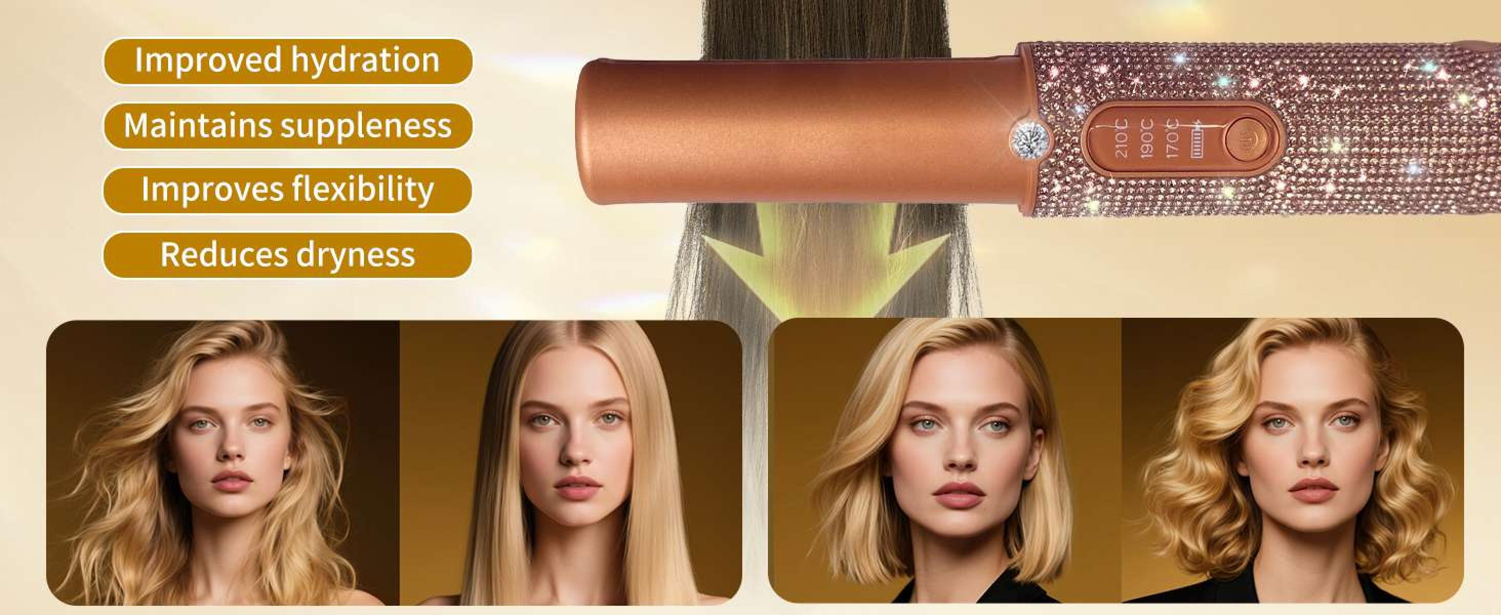 Ein Glätteisen mit Strass-Finish und vier Frauen mit verschiedenen Frisuren. Text bewirbt Hydratation, Geschmeidigkeit, Flexibilität und Trockenheitsreduzierung.