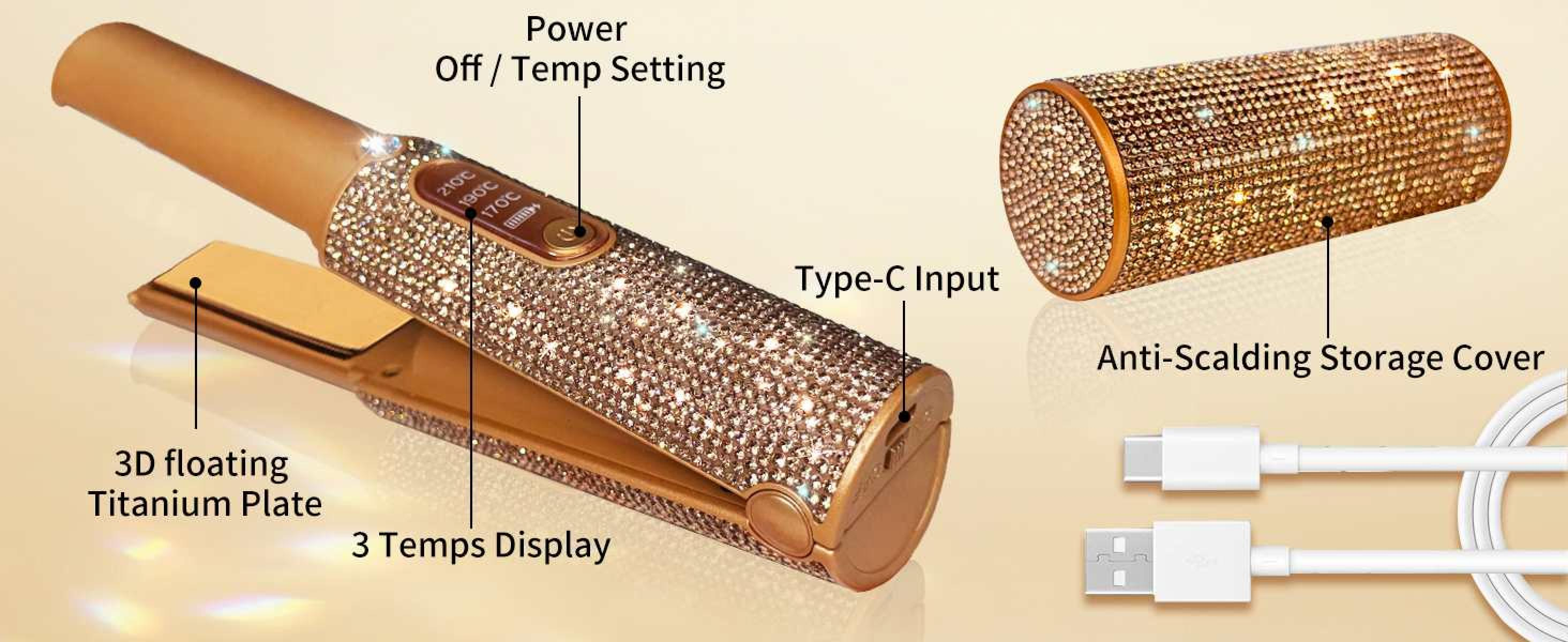 Goldenes Glätteisen mit Kristallverzierungen. Merkmale sind eine 3D-Titanplatte, Temperaturanzeige und Typ-C-Eingang. Enthält eine Schutzhülle.