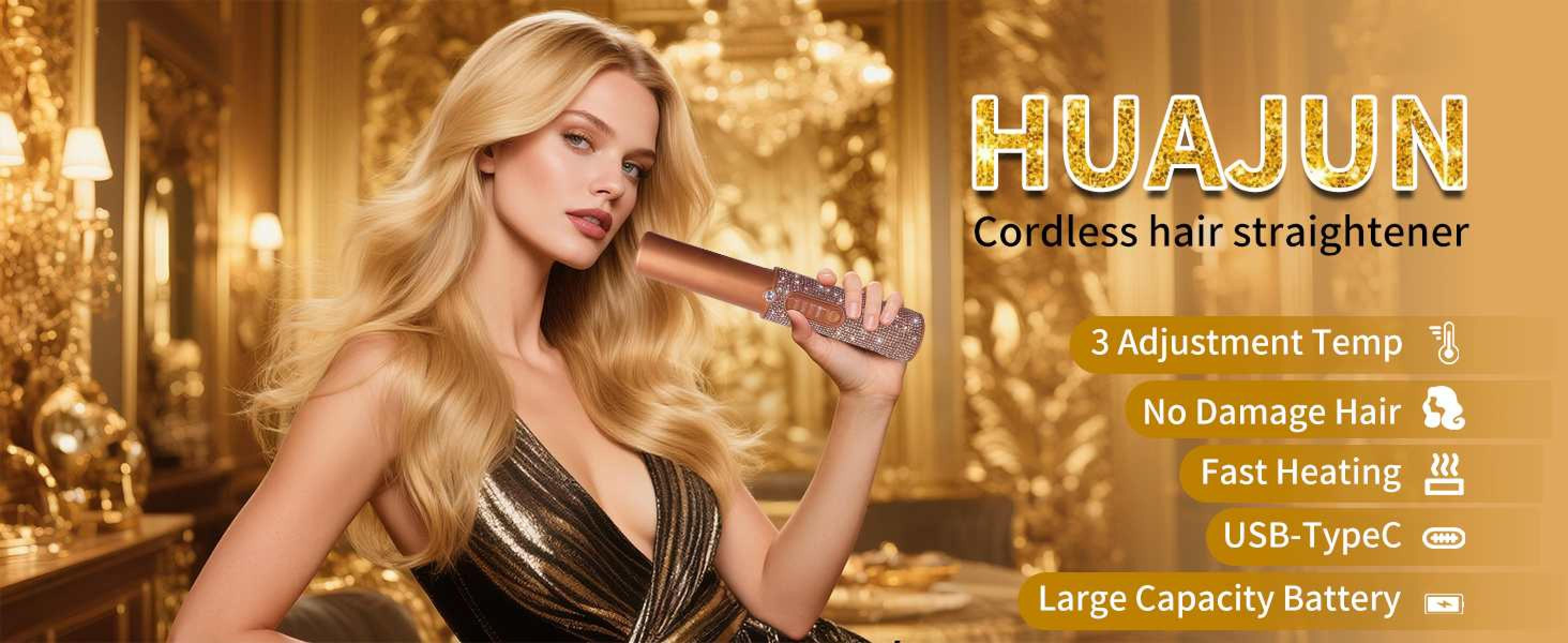 Eine Frau hält ein Glätteisen. Das Bild enthält Produktdetails und Text: HUAJUN Kabelloser Haarglätter.