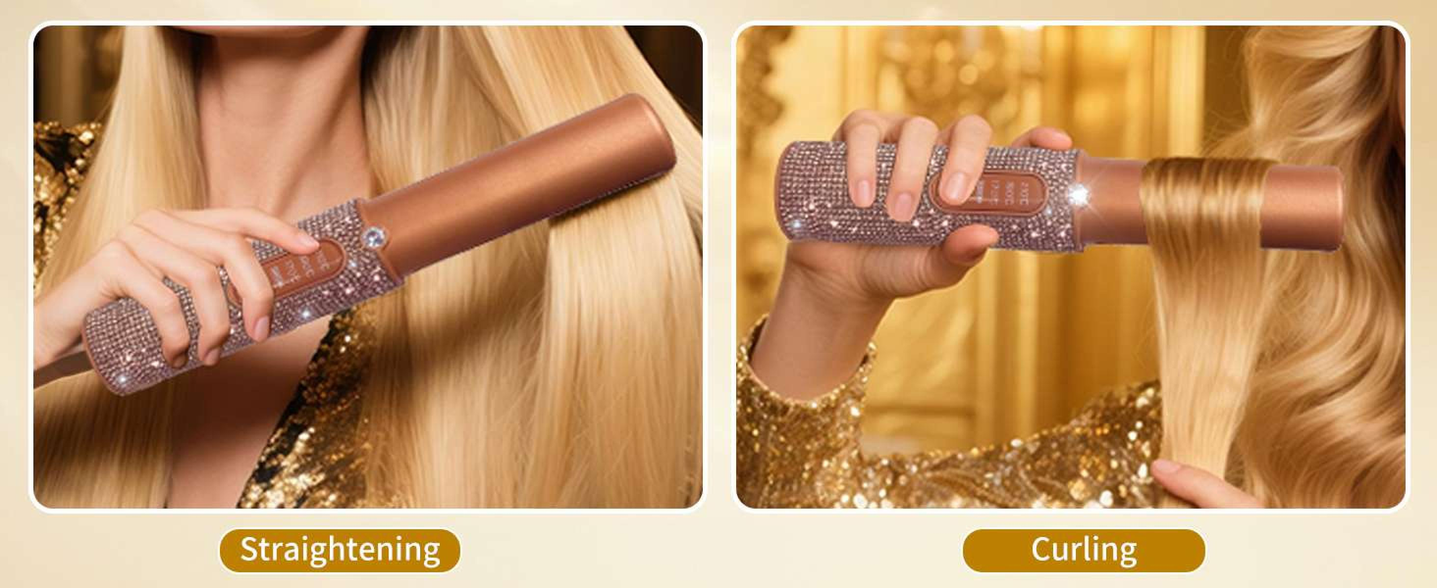 Haarstyling-Tool, das auf blondem Haar verwendet wird. Ein Bild zeigt das Glätten, das andere das Locken. Das Werkzeug ist kupferfarben, mit einem juwelenbesetzten Griff.