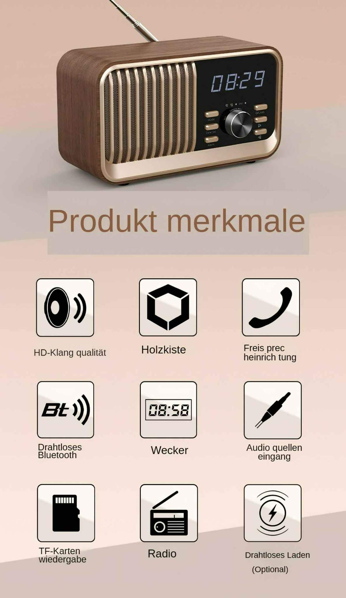 Ein Retro-Radio aus Holz mit Digitalanzeige 08:29. Es hat Symbole für Bluetooth, Radio und kabelloses Laden.