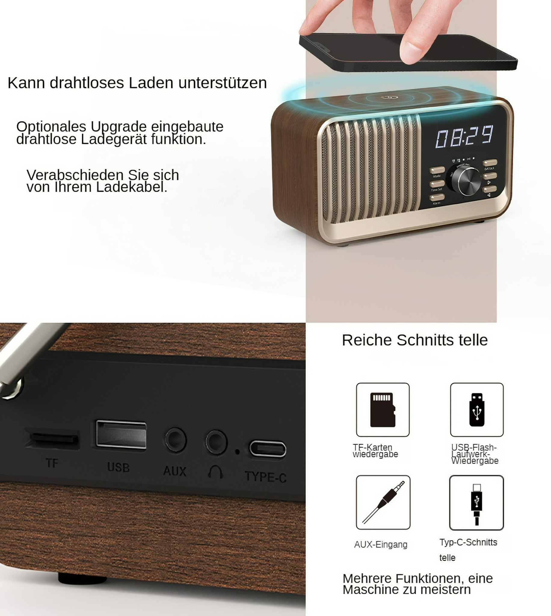 Ein kabelloses Ladegerät mit einem Telefon obenauf. Auf der rechten Seite befindet sich ein Vintage-Radio mit Digitaluhr. Anschlüsse sind unten abgebildet.