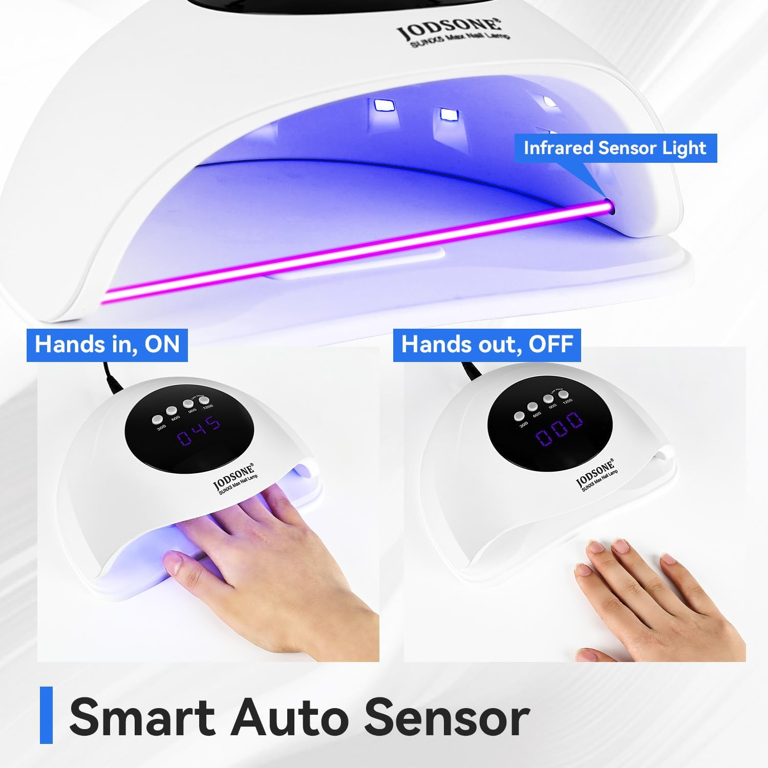 Eine weiße Nagellampe mit einer Hand darin, die die Zeit anzeigt. Die Lampe hat einen Infrarotsensor und zeigt "Hands in, ON" und "Hands out, OFF" an.