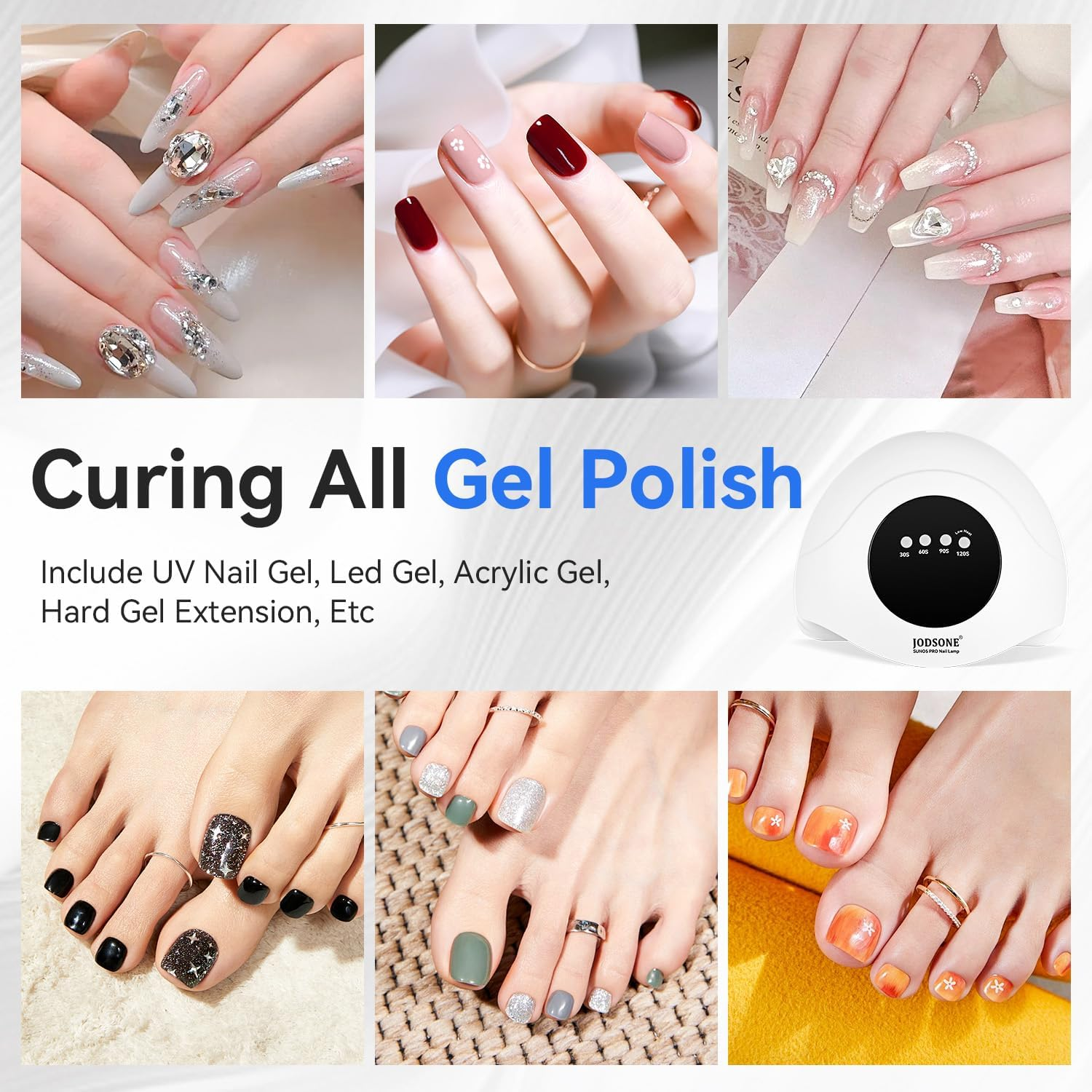 Collage zeigt manikürte Hände und pedikürte Füße mit Gel-Nagellack. Enthält Nailart, eine UV-Lampe und Text über Gel-Nagellack-Typen.