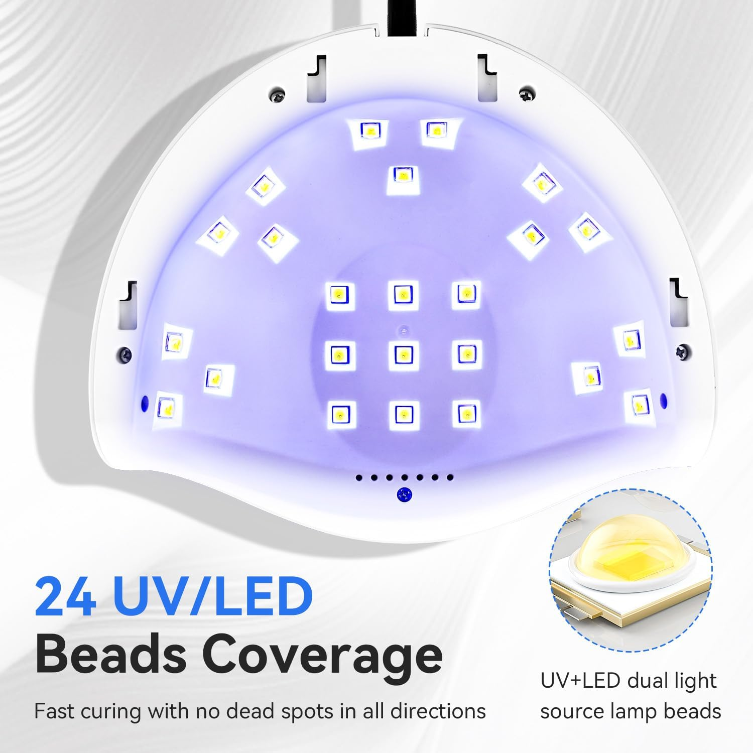 Eine weiße UV/LED-Nagellampe mit 24 Perlen, blauem Licht und einer Nahaufnahme einer Lampenperle. Text: 24 UV/LED-Perlenabdeckung.