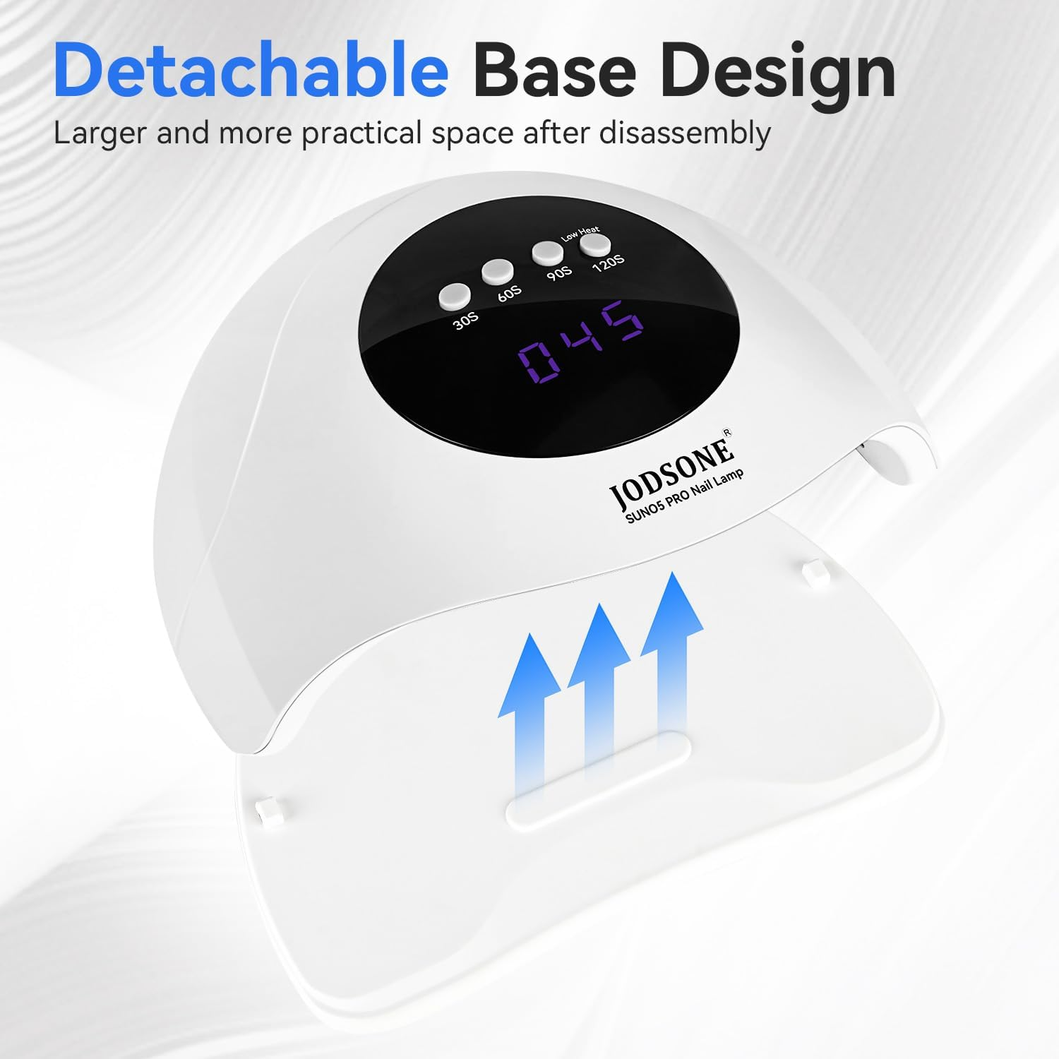Eine weiße Nagellampe mit abnehmbarem Sockel. Es hat einen digitalen Timer und zeigt '045'. Blaue Pfeile zeigen den Luftstrom an.