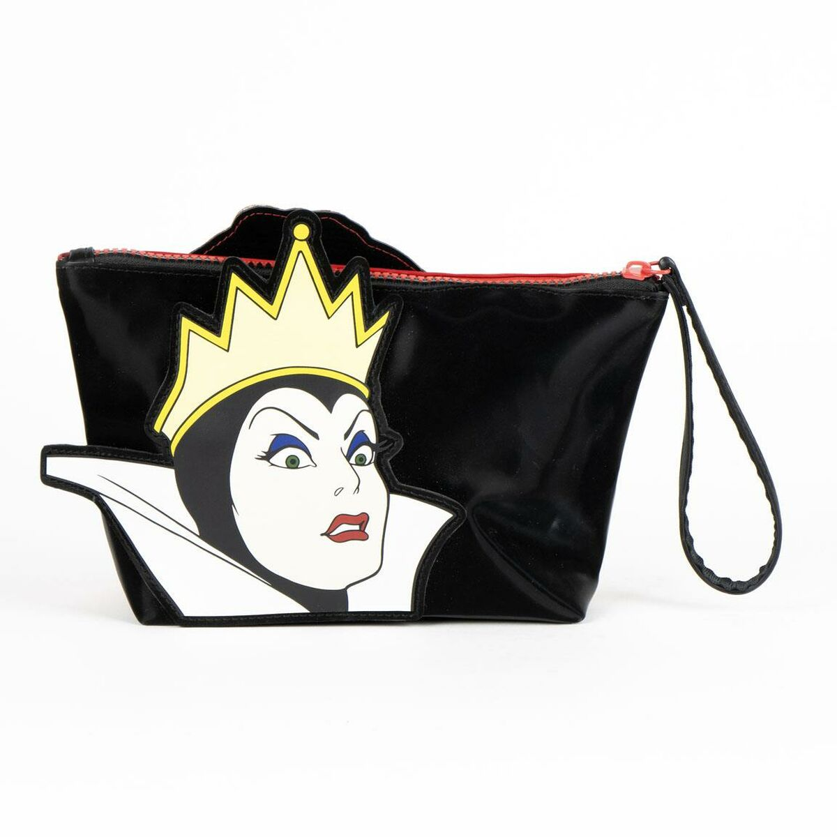 Eine schwarze Kosmetiktasche mit Reißverschluss und Griff. Die Tasche zeigt einen Cartoon der bösen Königin mit einer Krone.