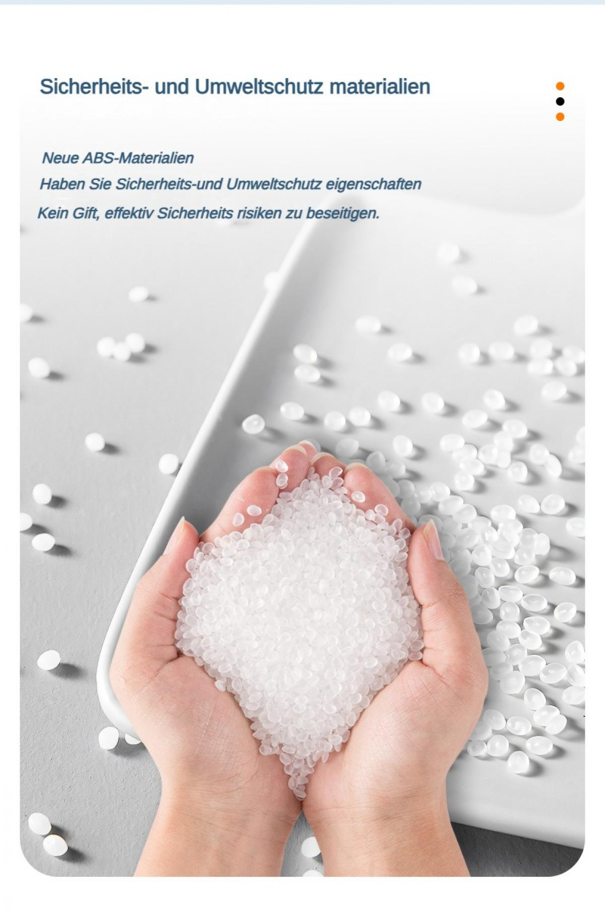 Hände wiegen weiße Kunststoffkügelchen vor grauem Hintergrund. Weiße Kügelchen sind verstreut. Deutscher Text oben.