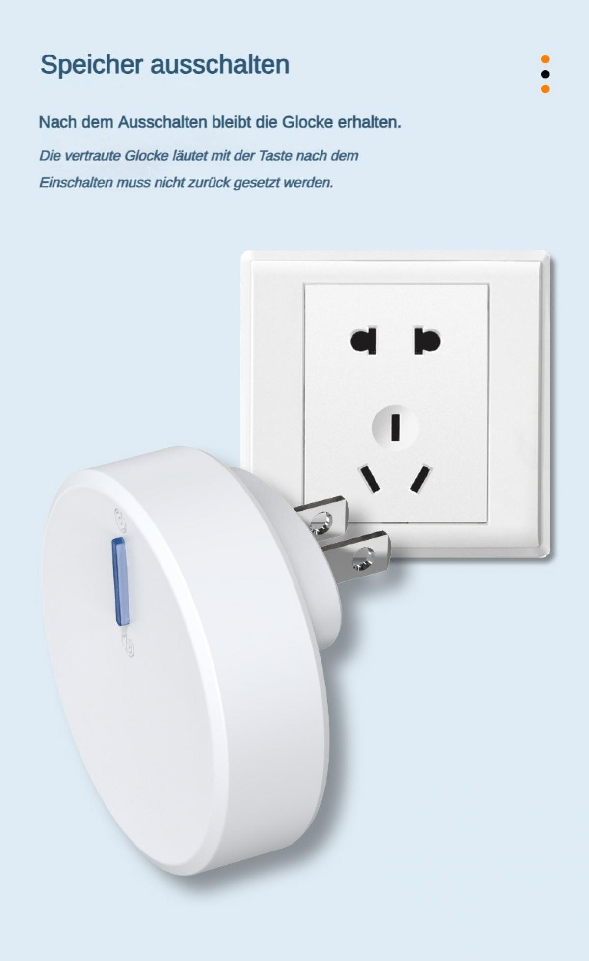Weißer elektrischer Stecker und Steckdose. Der Stecker wird in die Steckdose gesteckt. Blaues Licht am Stecker. Hintergrund hellblau.
