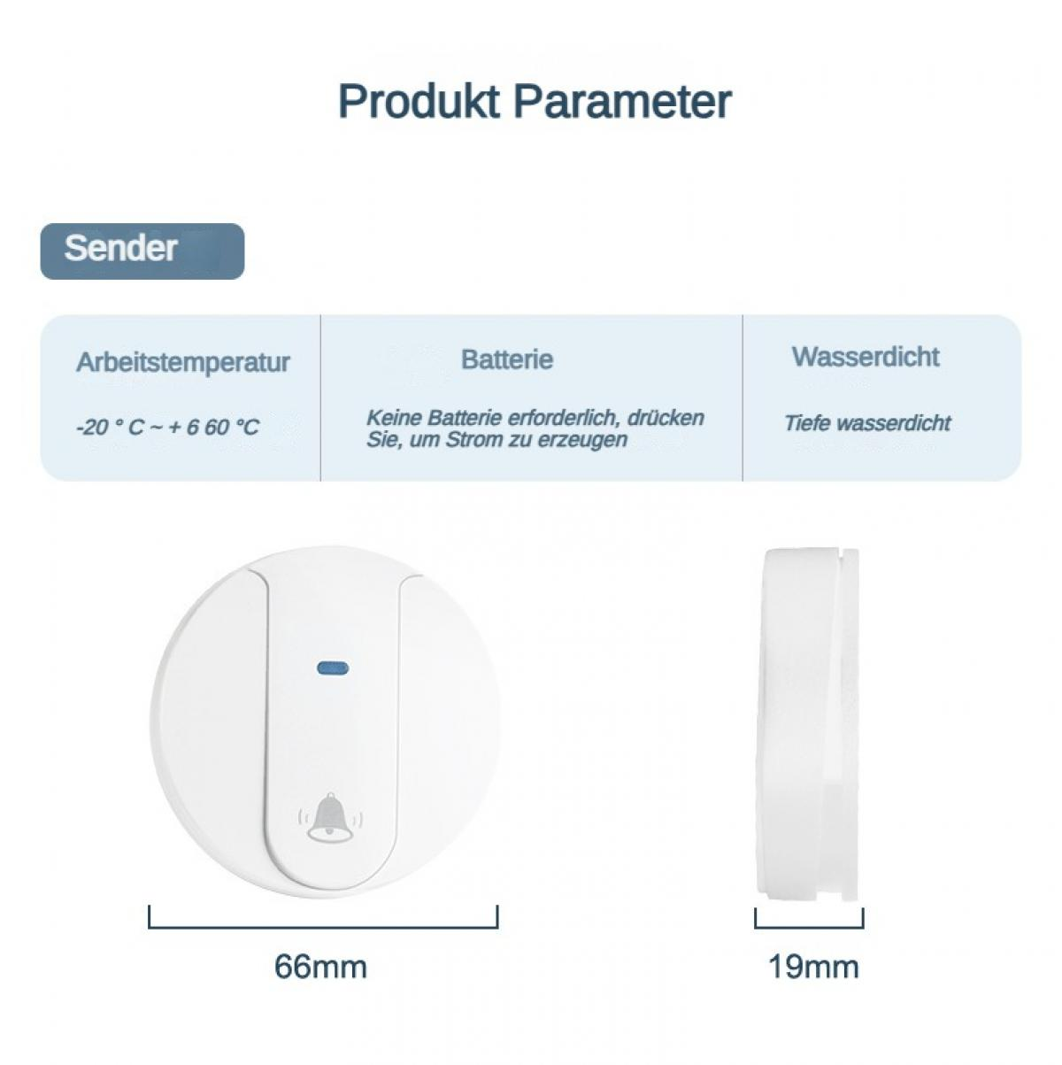 Weiße Türklingel mit Glockensymbol, Abmessungen und Produkttabellen. Text umfasst Temperaturbereich, Batterieinfo und Wasserdichtigkeit.