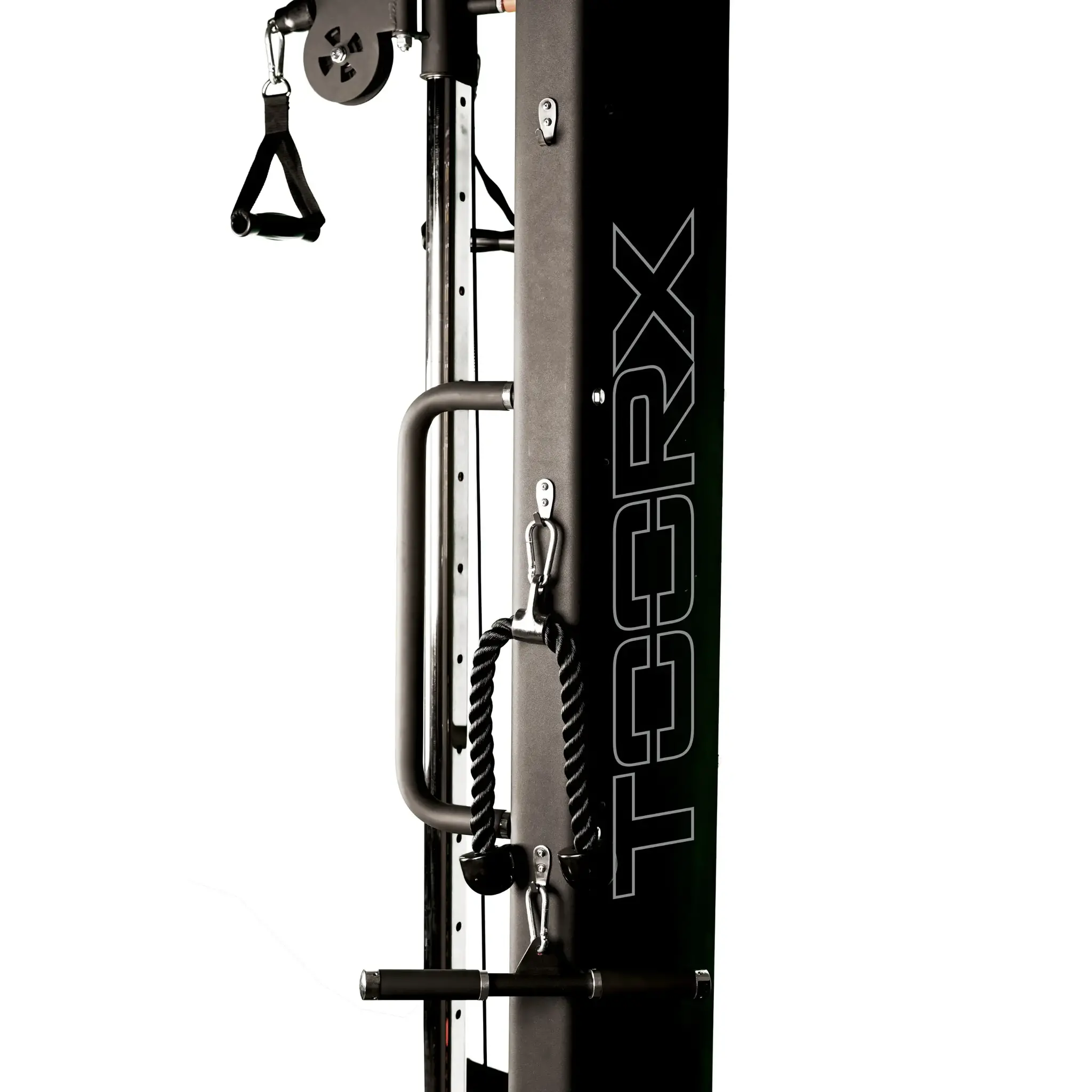 A black and silver exercise machine with the brand name 'TORX' is shown against a white background, with various handles.