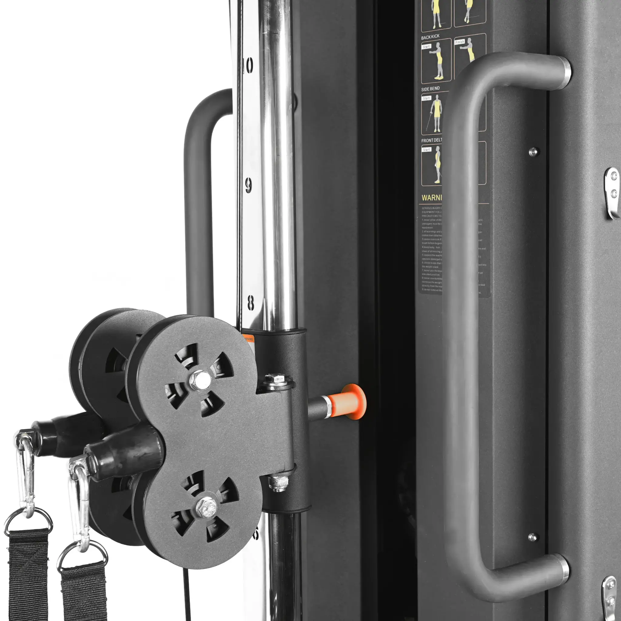 A close-up of a gym machine with black wheels, metal bars, and a gray handle. Numbers 8, 9, and 10 are visible.